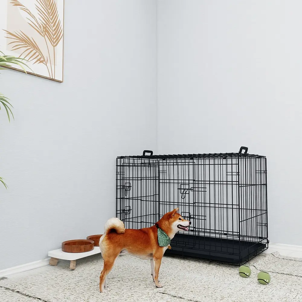 Caja de Perro de Alambre Negro Mecanismo de Bloqueo Doble Dos Puertas Dos Manijas Doble Cerrojo — imagen 1