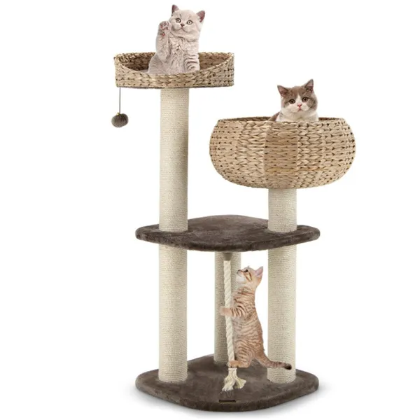 Árbol de Gato tejido a mano con juncos de Hyacinth acuático, 3 postes de sisal para rascar centros de actividad multi-nivel para gatos-Marrón — imagen 1