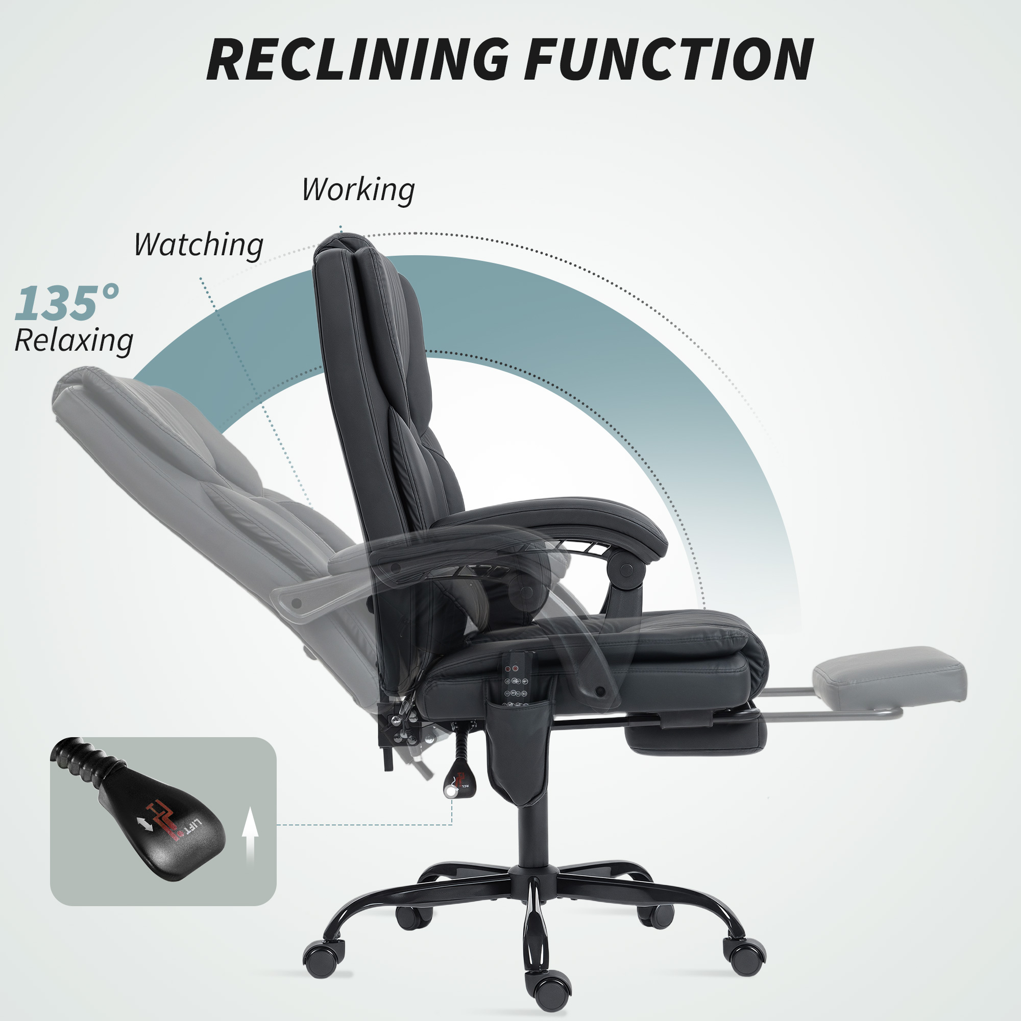 Office Chair with Massage, Pet-Friendly Faux Leather Reclining Desk Chair with Lumbar Support, Footrest, Black — image 6