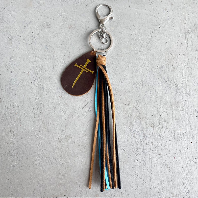 Crazy Horse Skin Keychain Texture Hot Gold Sunflower Cross Droplet Shape Keyring Leather Tassel Pendant — image 5