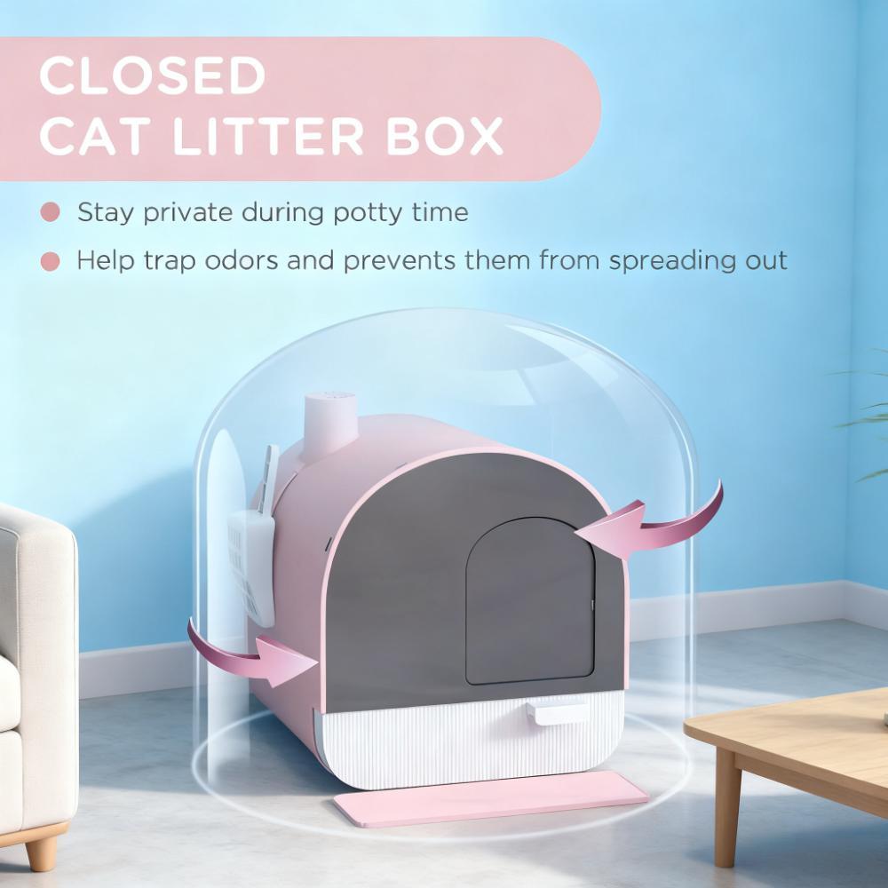 Pink Cat Litter Box With Lid With Scoop And Filter — imagen 3