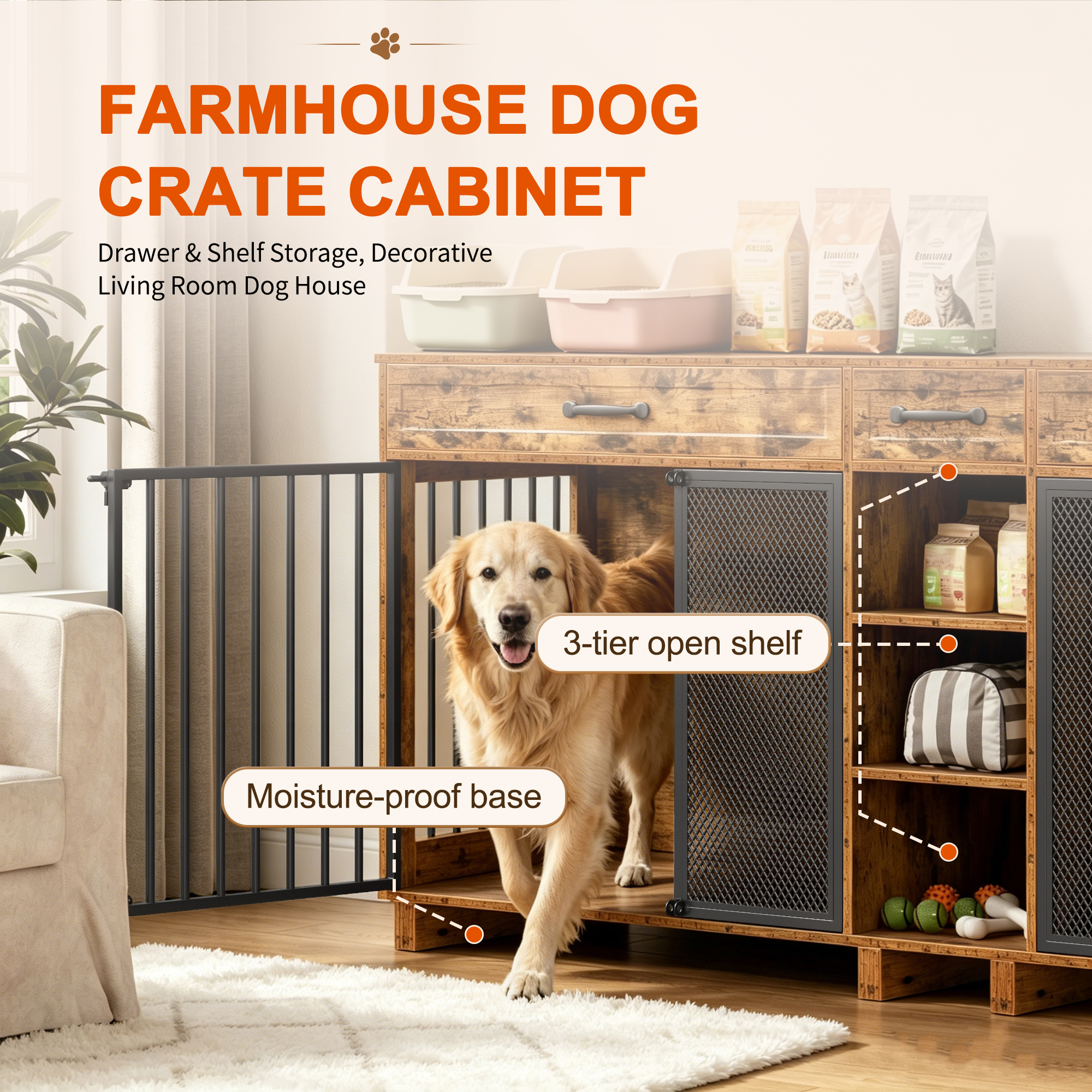 Large Wooden Dog Crate Furniture, Multi-Functional Pet Cage Cabinet with Storage — image 5