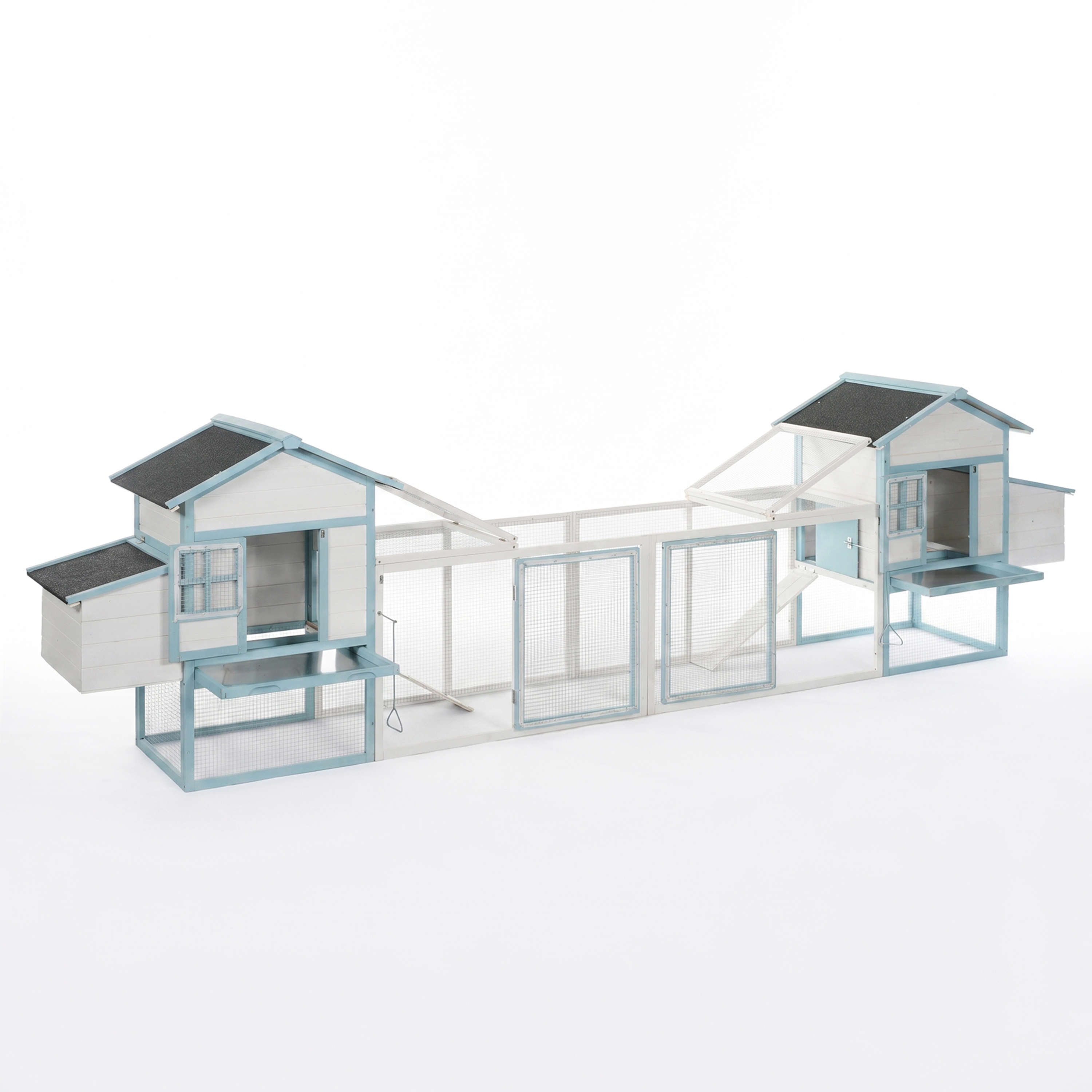 Casa de Gallinas Grande en Madera con Dos Cajas de Incubación, Corral Exterior con Techo Impermeable de Asfalto y Acceso Peatonal, Jaula de Pollos de Madera de Abeto con Platos de Desperdicios Retraillables, Azul y Blanco para Gallineros de Patio — imagen 14