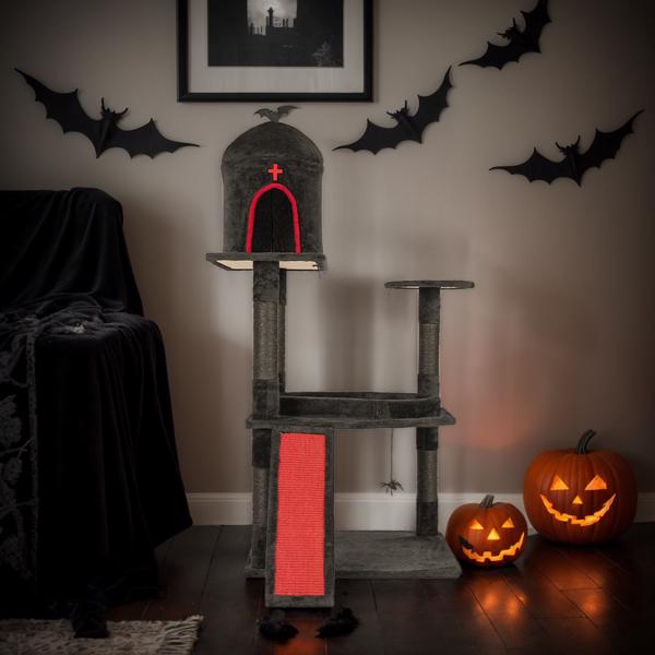 Árbol Gótico para Gatos con Caja de Tumba, Torre para Gatos Grande con Condo Espacioso, Postes de Rasguñado, Juguetes Colgantes de Araña, Tablero de Rasguñado, Mobiliario de Actividades para Gatos de Gran Tamaño en Rojo y Negro — imagen 8