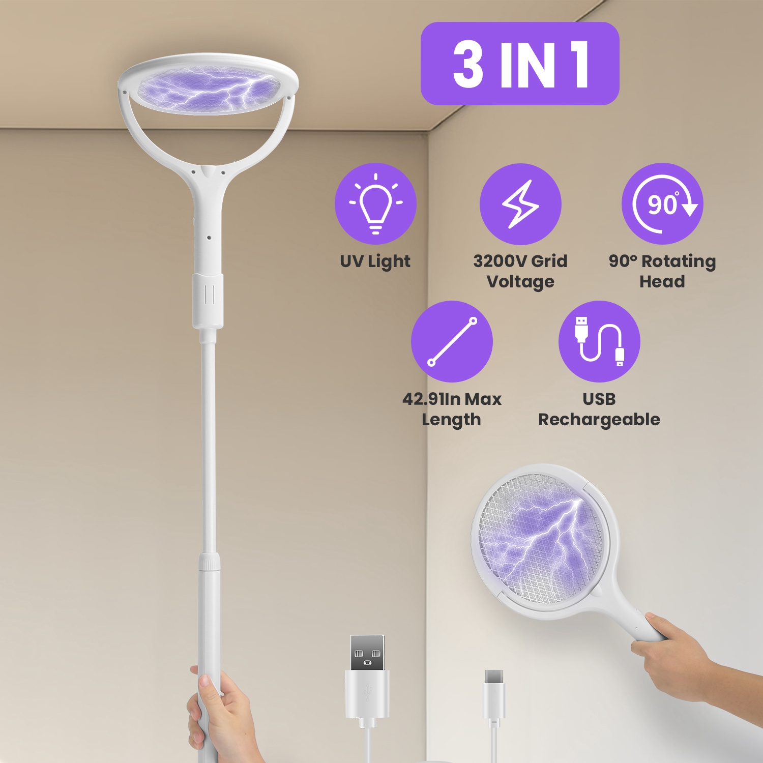 Raqueta Matamoscas Eléctrica 3 en 1 con Cabezal Giratorio de 90 Grados, Mata Mosquitos de Mano para Interior y Exterior con Vara de Extensión Telescópica — imagen 1