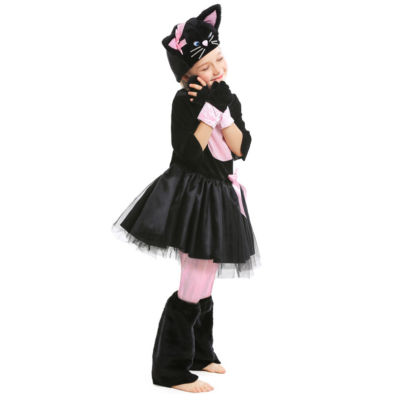 Halloween Animal Costume Cosplay Black and Pink Cat Bow Kids Performance Outfit — image 3