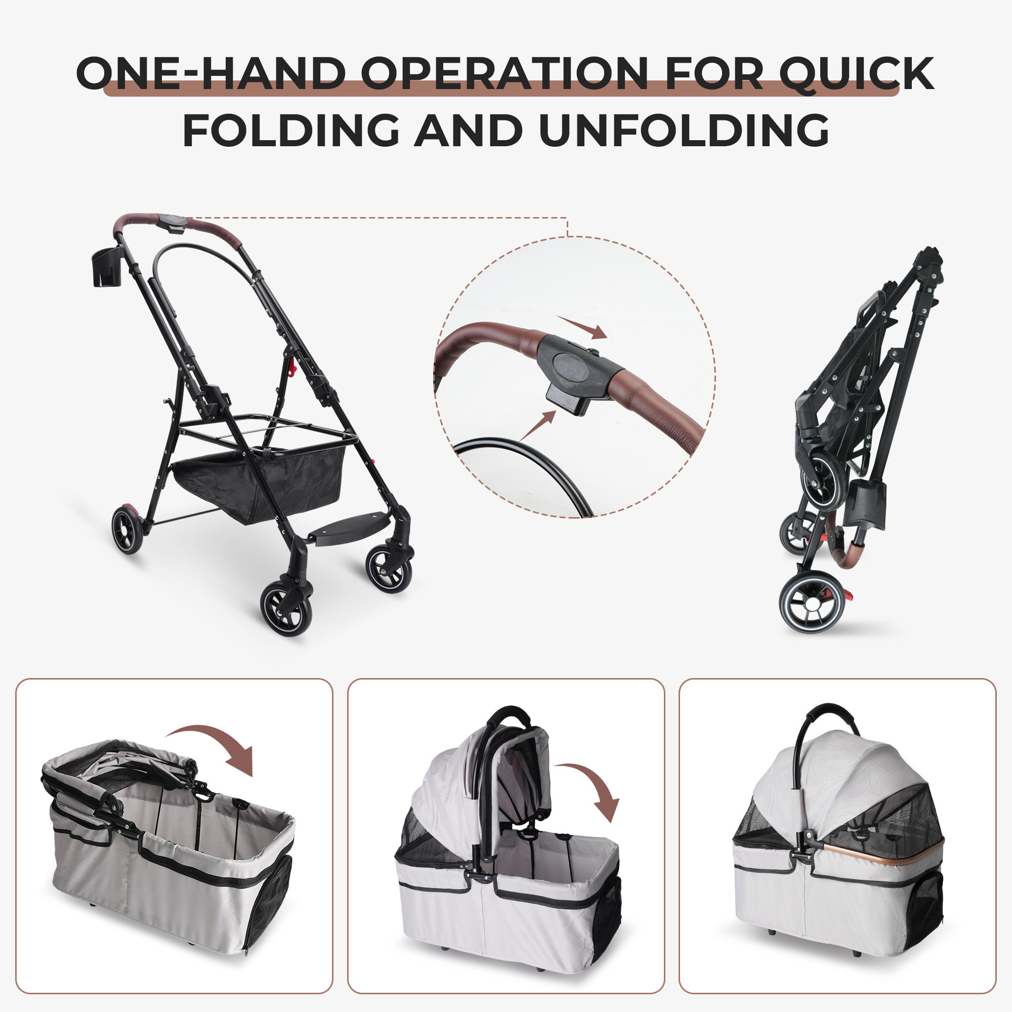 Cochecito Plegable de 4 Ruedas para Perros y Gatos, Ruedas Giratorias 360°, Portador Separable y Bolsa de Viaje para Animales Pequeños — imagen 8