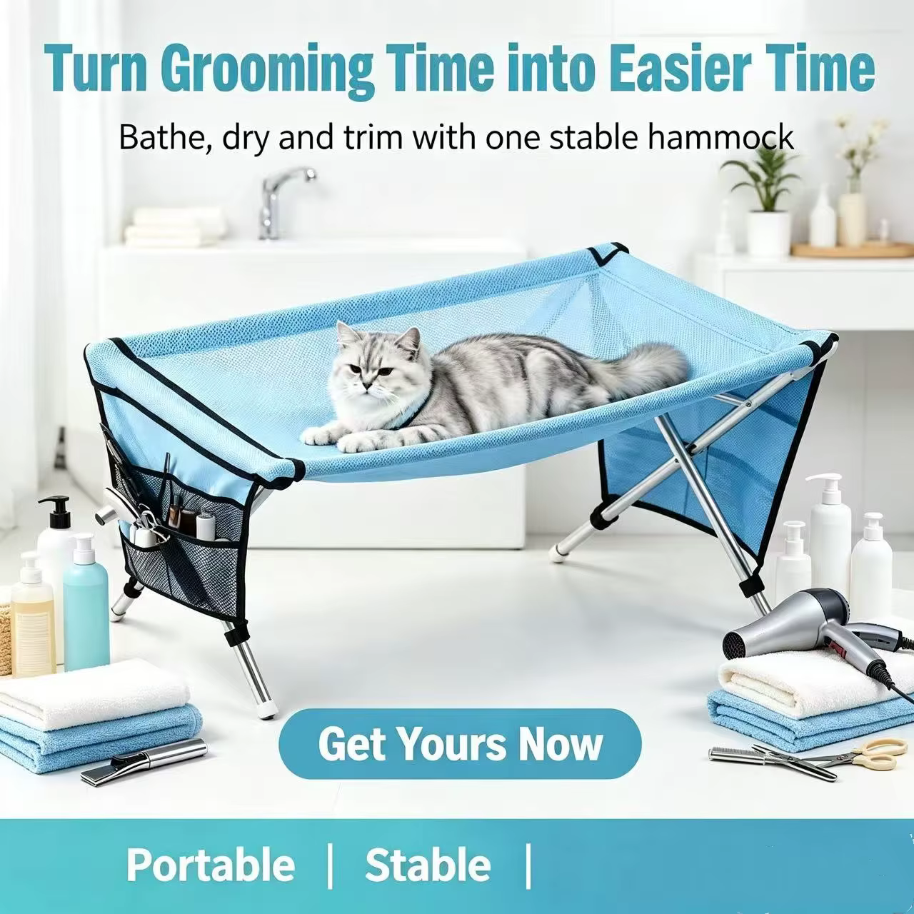 Multi-Function Pet Grooming Hammock, Foldable Pet Bathing and Drying Station with Stable Frame, Breathable Mesh Rest Holder for — image 3