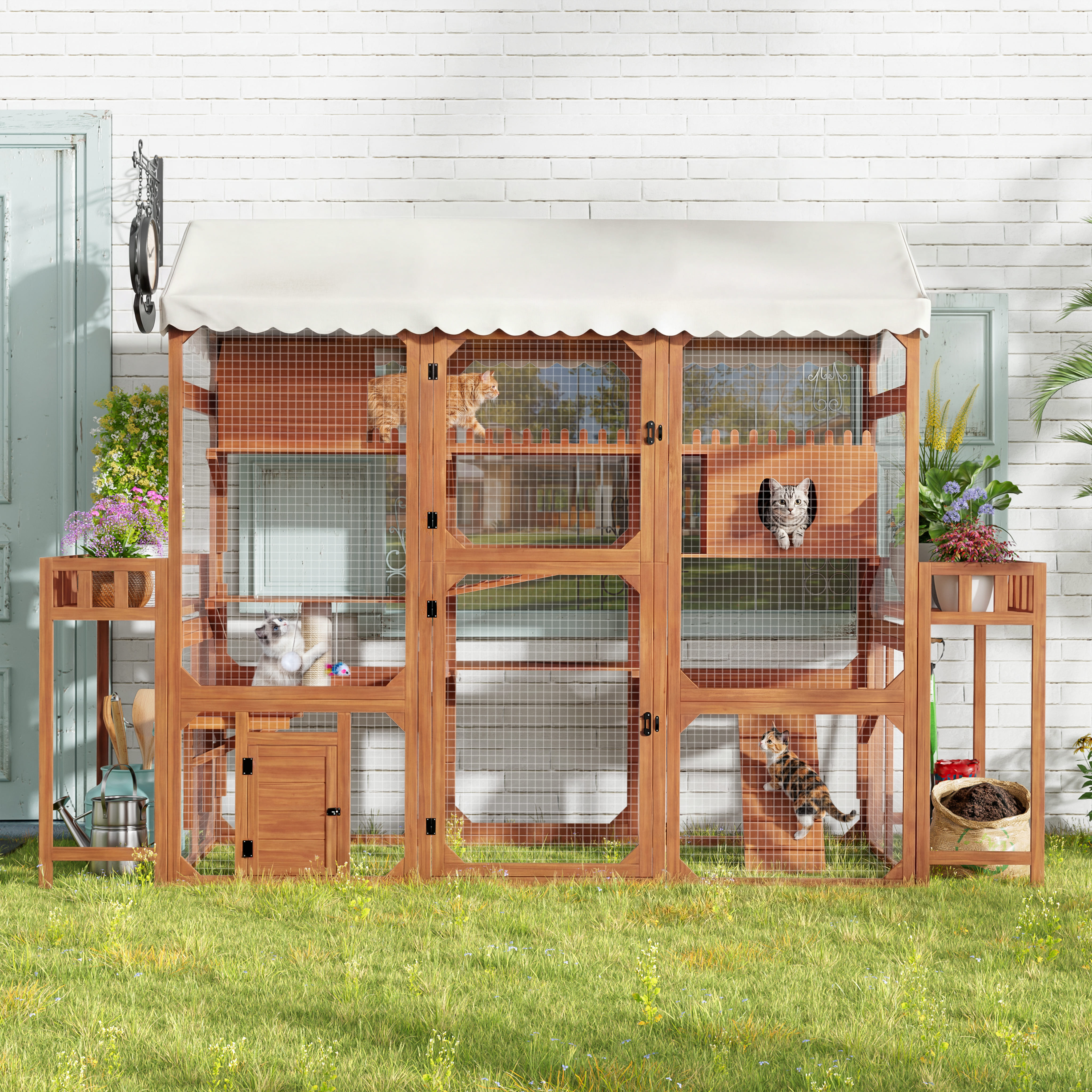 Catio Grande para Gatos al Aire Libre con 2 Poyos de Plantas, Jaula Multinivel de Entretenimiento con Techo Resistentente a la Meteorología y Accesorios para Patio — imagen 3