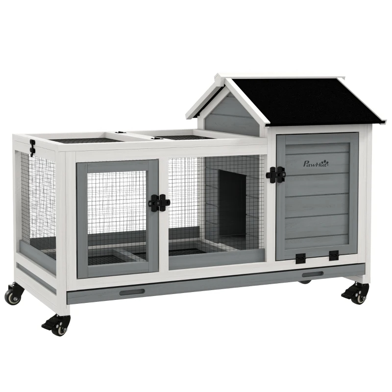 Wooden Rabbit Hutch With Wheels, Run, Slide-out Tray For Small Animals, Guinea Pig, Blue — imagen 9