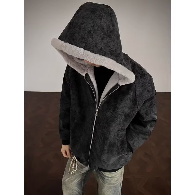 Leather Rabbit Fur Plush Fleece Lined Jacket Unisex Winter Thickened Warm Outerwear — image 4