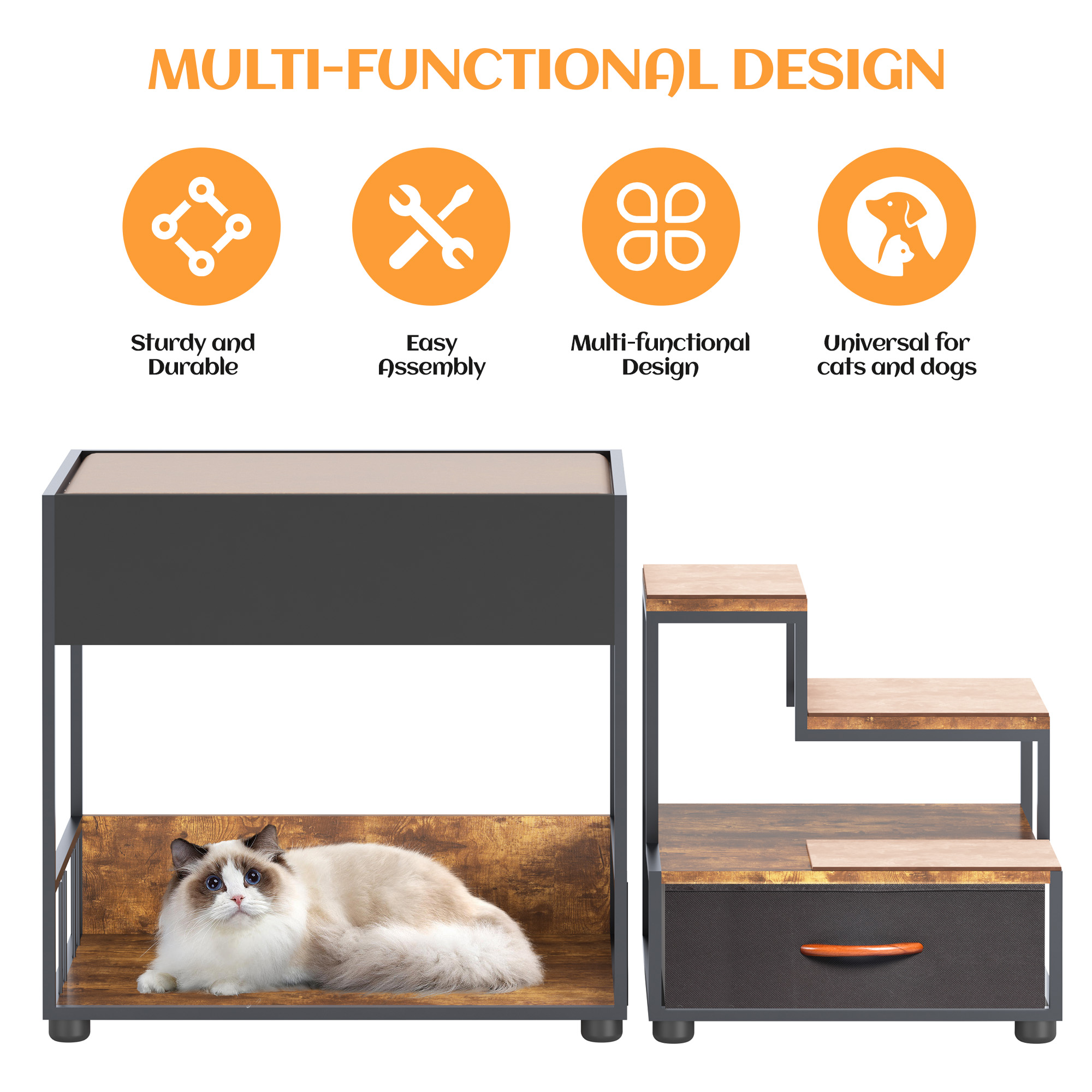 Percha de Ventana para Perros con Escaleras, Cama Elevada Multi-Niveles con Esponja y Almacenamiento, Diseño Vintage — imagen 3