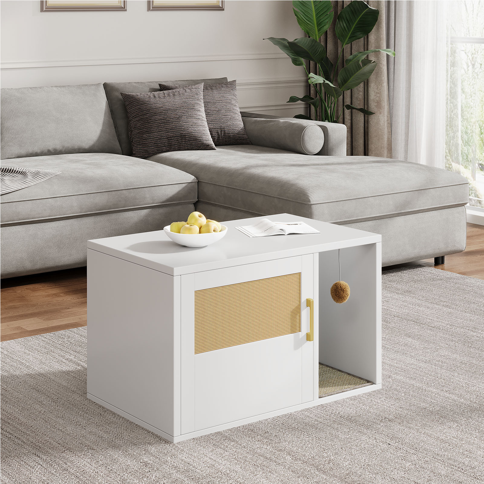 Caja de Limpieza para Gatos Multifuncional de Diseño Blanco Moderno Casa para Gatos con Lavabo y Mesa de Sílabo para Dormitorio y Salón — imagen 17