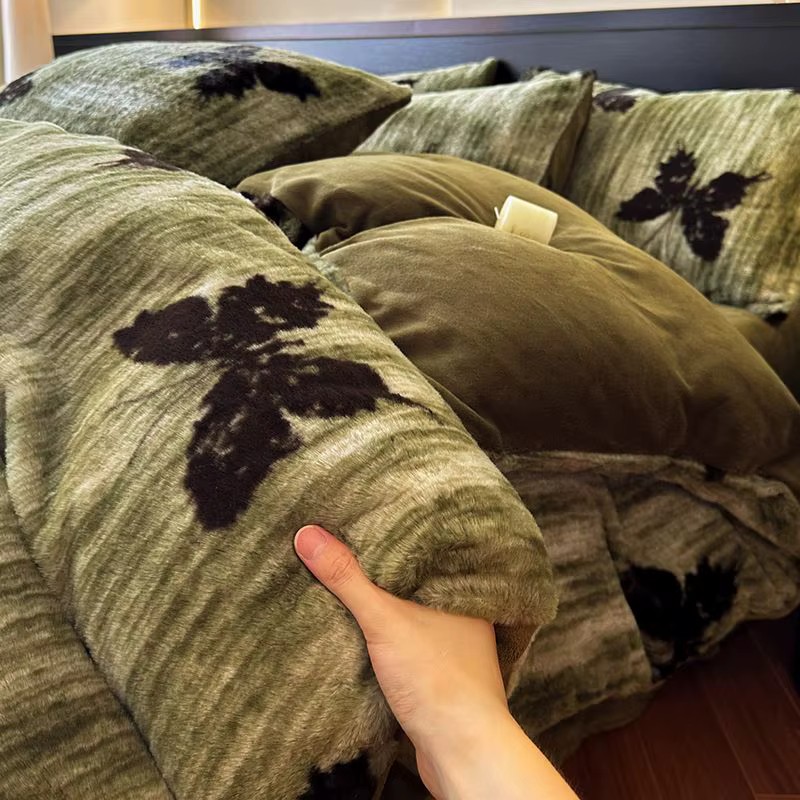 Conjunto de 4 piezas: Manta de lana térmica espesa con borde en forma de león, estampado de zorro, para cama y almohadas — imagen 6