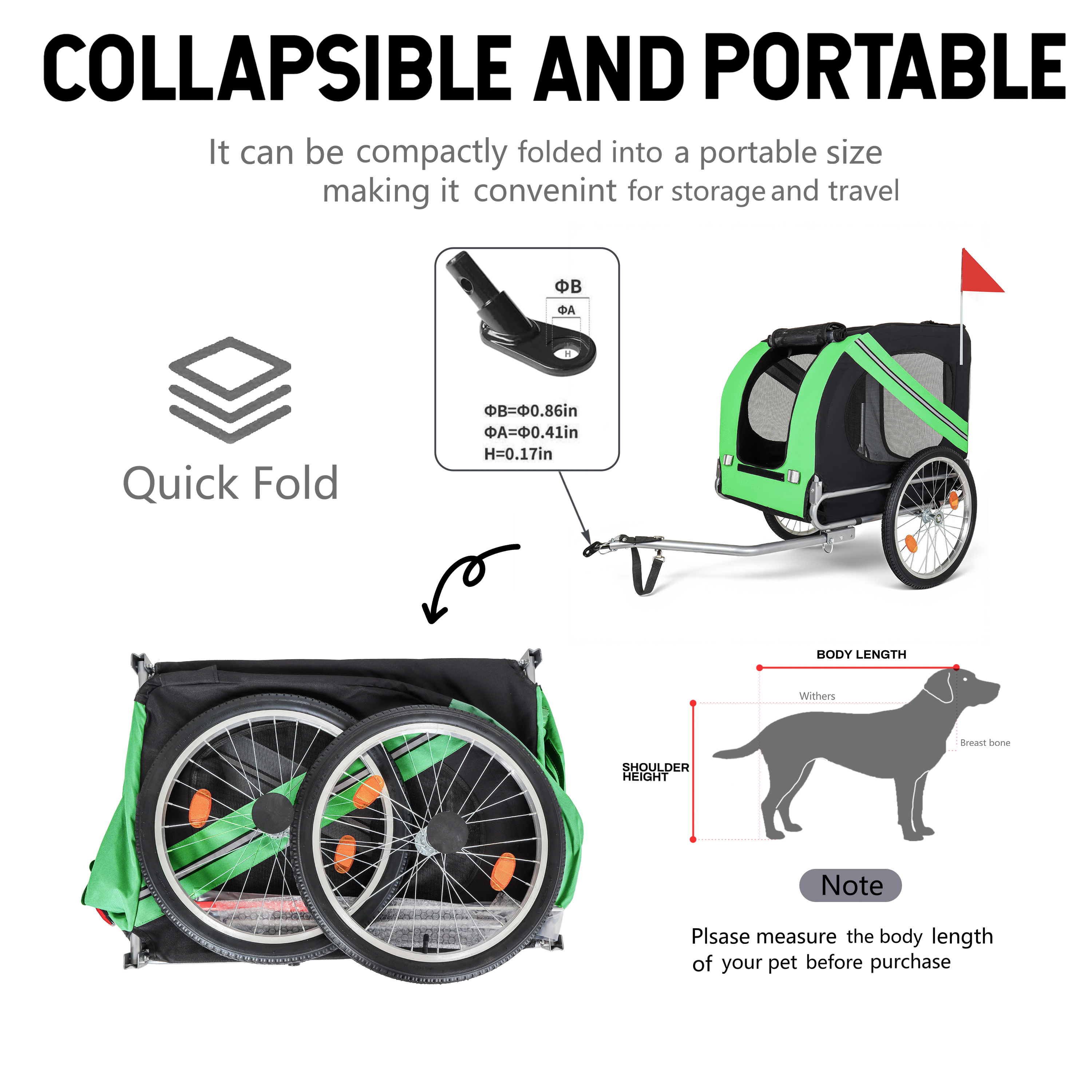 Large Folding Bike Trailer For Dogs - 100LB Capacity All-Terrain Pet Carrier, Durable Steel Frame For Cycling, Jogging, Camping & Outdoor Adventures, Black- Green — imagen 3