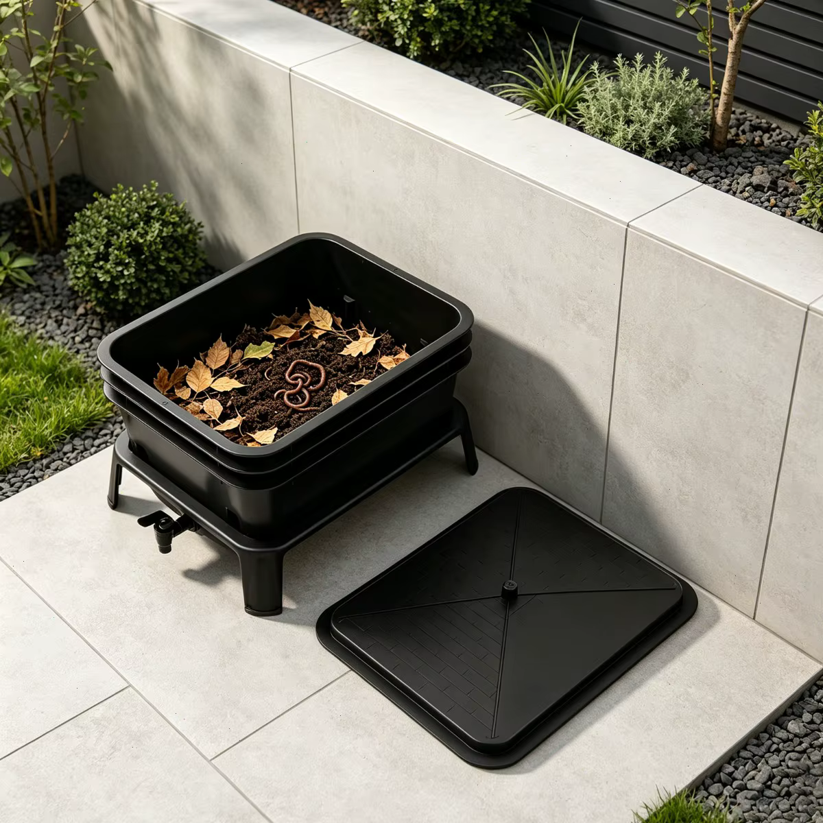 Composting Bin Outdoor, 3-Tier Worm Farm Vermicomposting Box, 30L Large Stackable Black, Food Waste Recycle, Liquid Fertilizer Tap, For Garden Balcony Patio, Safe PP Material, Easy Maintenance, Odorless Design — image 3