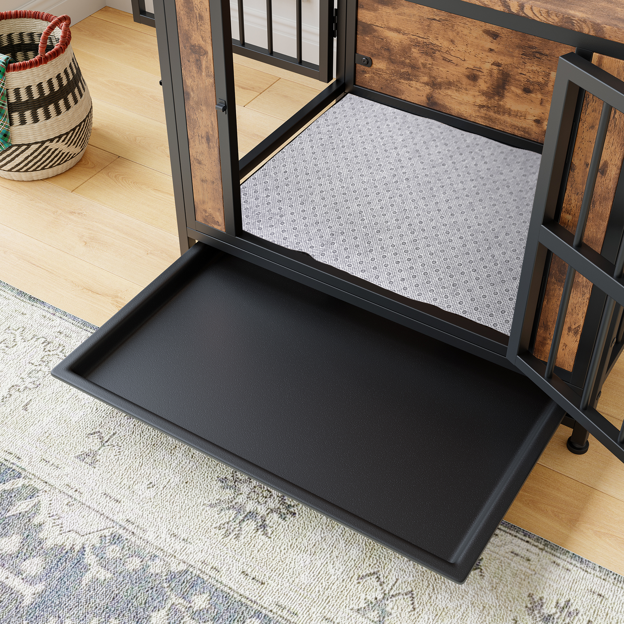 Mueble para Perro, Caja de Madera para Perros con 2 Puertas Deslizantes y Estructura de Puerta de Hierro Espesa, Casa Decorativa para Pequeños Perros para Uso Interior (Marrón Rustico) — imagen 2