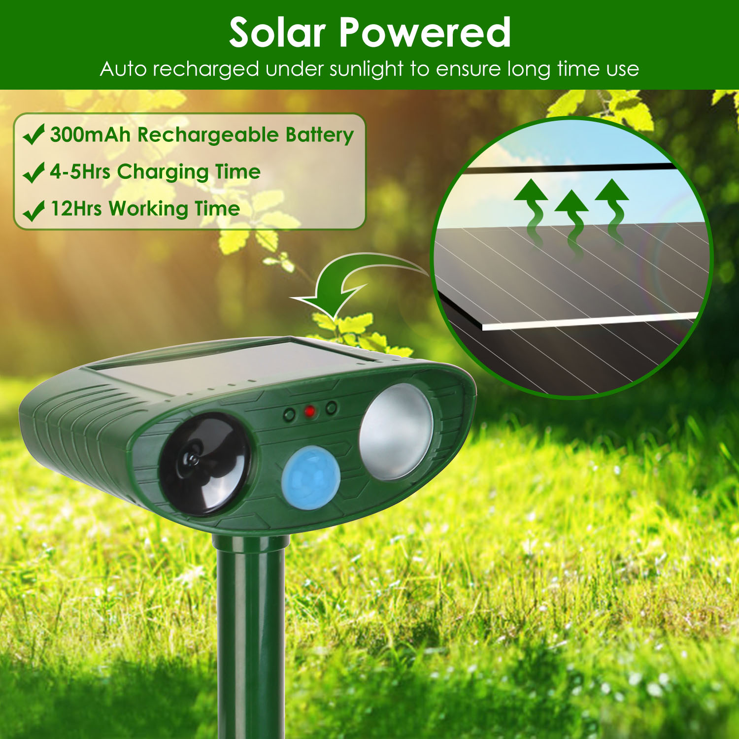 Repelente de Animales Solar con Sensor PIR y Luz Parpadeante IPX4 Resistente a Agua para Perros, Gatos, Serpientes, Conejos, Ardillas, Ratas, Mapaches, Liebres, Zorros y Cérvidos — imagen 5