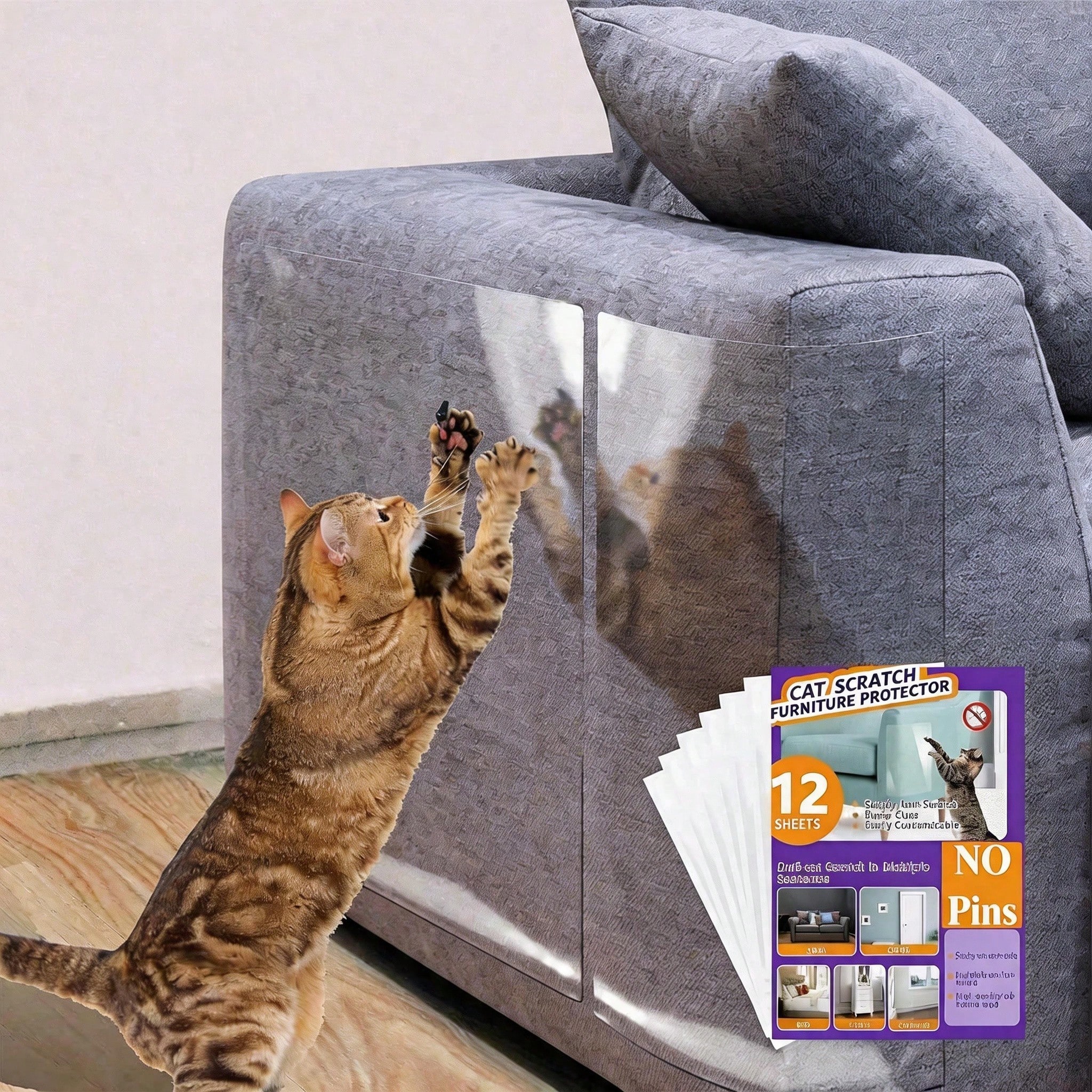Anti Cat Scratch Protector 12 Pack, 6 Sheets Of 279 358mm And 6 Sheets Of 140 358mm, Single Side Couch Protector, Self Adhesive Cat Tape, Clear Scratch Deterrent For Furniture & Doors, 12P — image 1