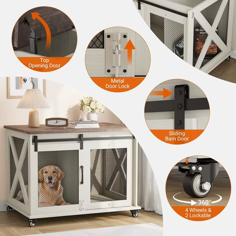 37 Sliding Barn Door Dog Crate Furniture, Wooden Top Kennel End Table, Medium Dog House, Two-Tone Brown & White — image 3