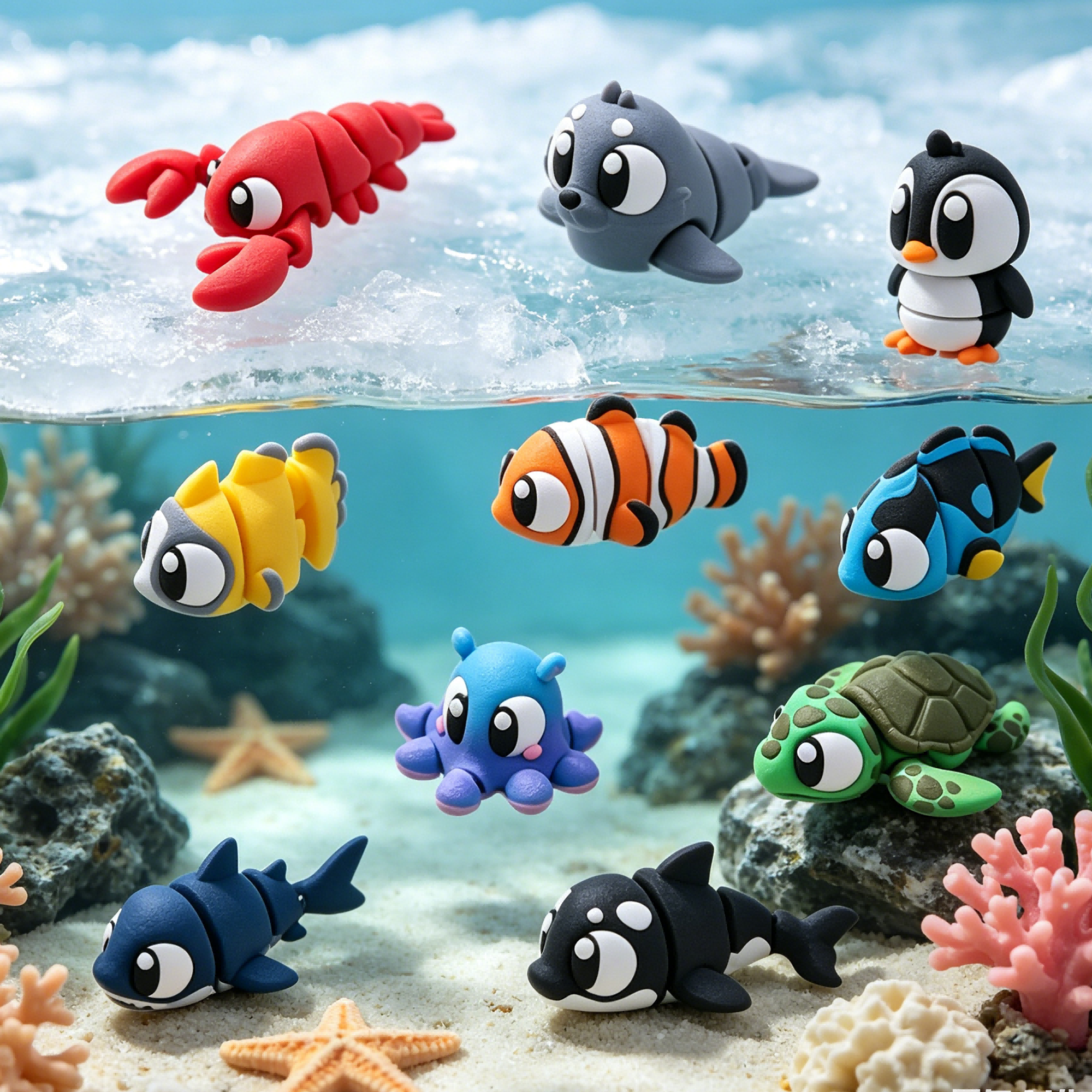10PCS 3D Printed Ocean Animal Figurine Set, Mini Sea Creature Decorations With Shark, Turtle, Penguin, Fish, Octopus And Lobster, Desk & Miniature Display Set — image 4