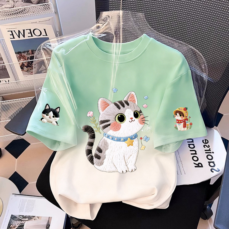 Girls' Short Sleeve T-Shirt Cat Print Casual Top — image 15
