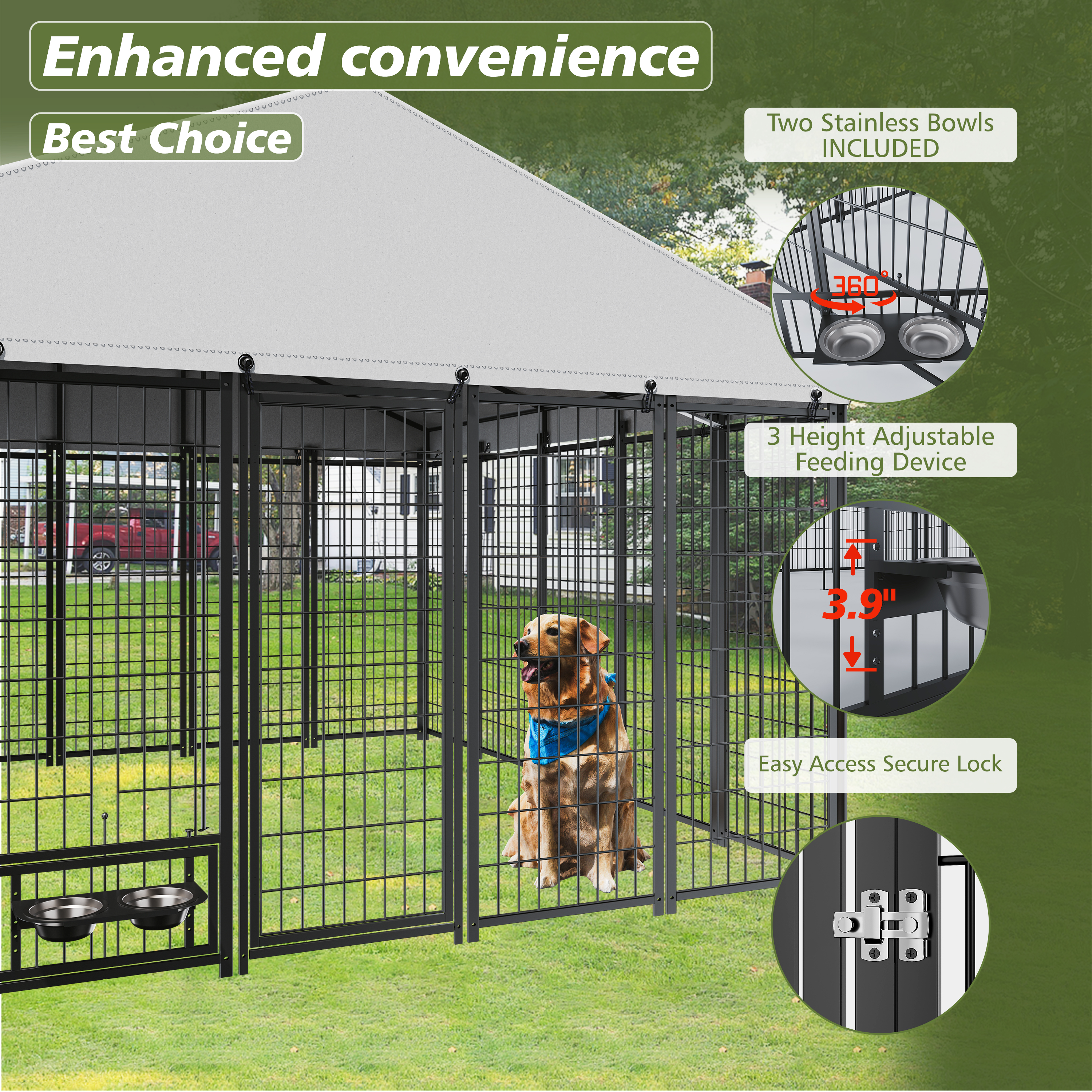 Large Dog Kennel Outdoor Pet Pens Dogs Run Enclosure Animal Hutch Metal Coop Fence With Roof Cover. 9.61'L X 9.45'W X 6.77'H — imagen 5