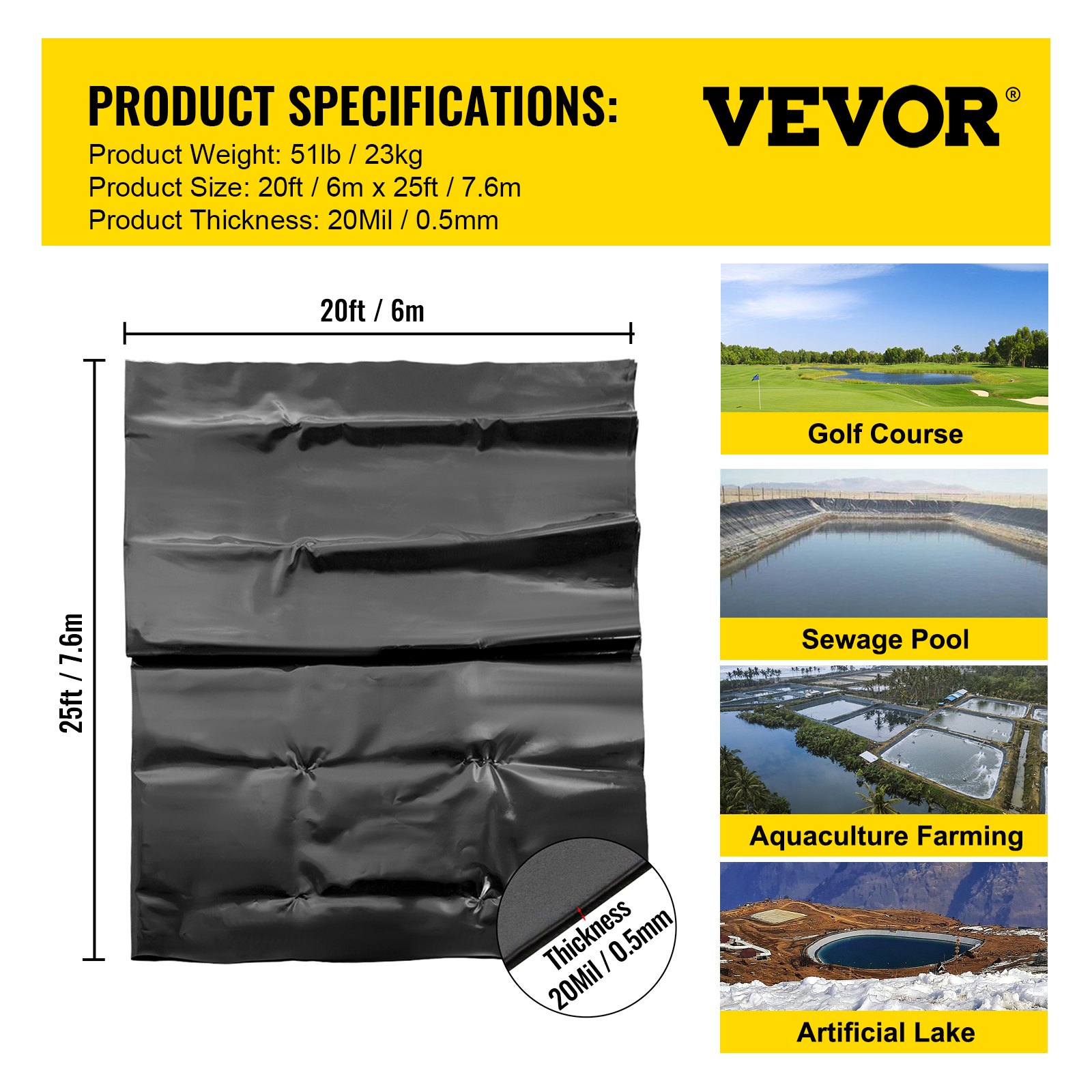 VEVOR LLDPE Pond Liner 20x25 Ft, Pond Liner 20 Mil, Fish Pond Liners For Waterfall, Pond And Fish Ponds — image 3