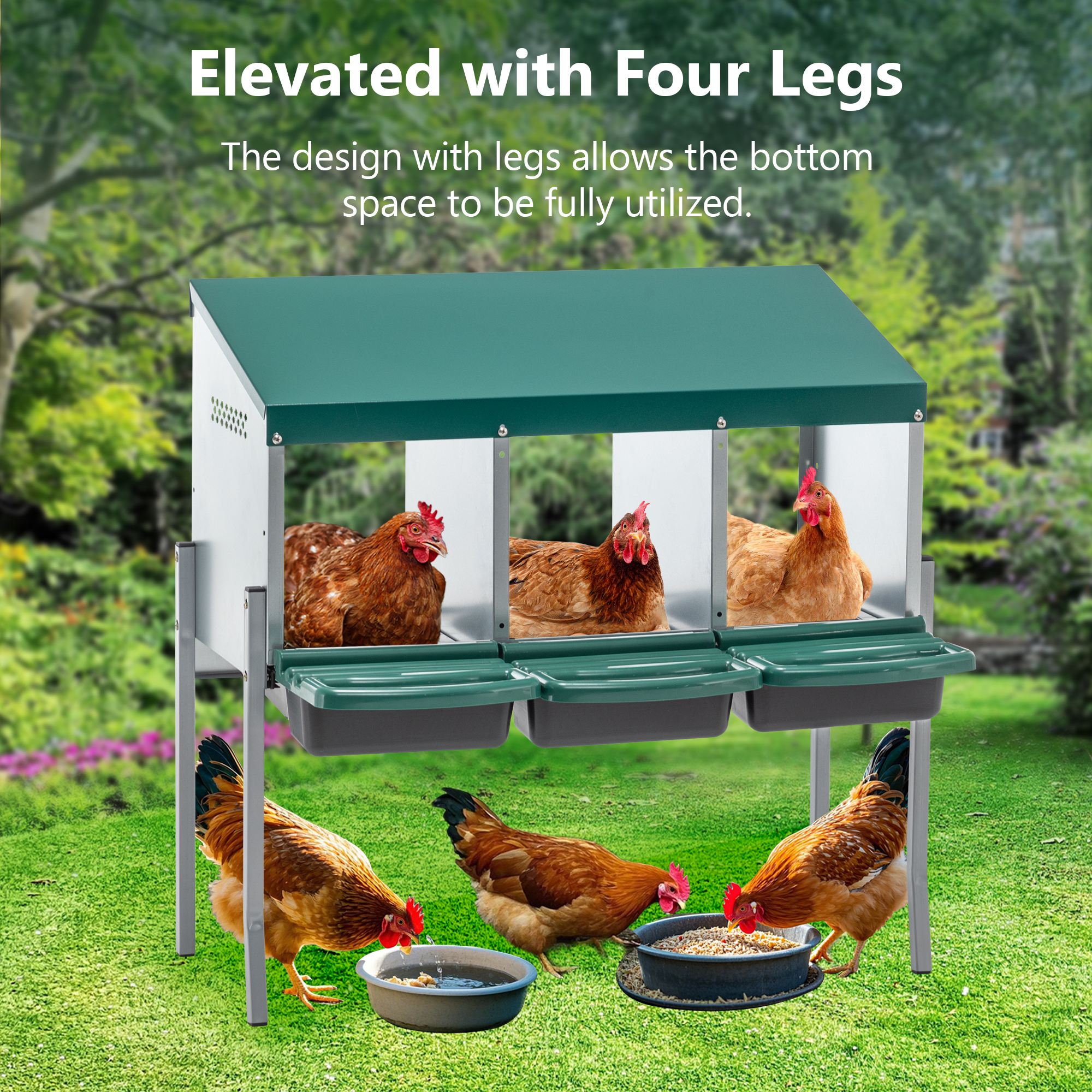 Cajas de Puesta para Pollos, 3 Hocicos Caja de Puesta con Patas, Cubierta de Tapadera para Gallinero Exterior Granja Campo, Verde Rreen — imagen 2