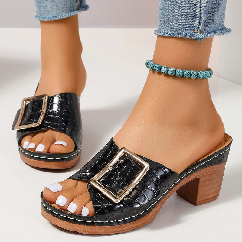 Sandalias con Textura de Cocodrilo en el Tiras, Talón Cuadrado y Puntas de Peep para Mujer — imagen 1