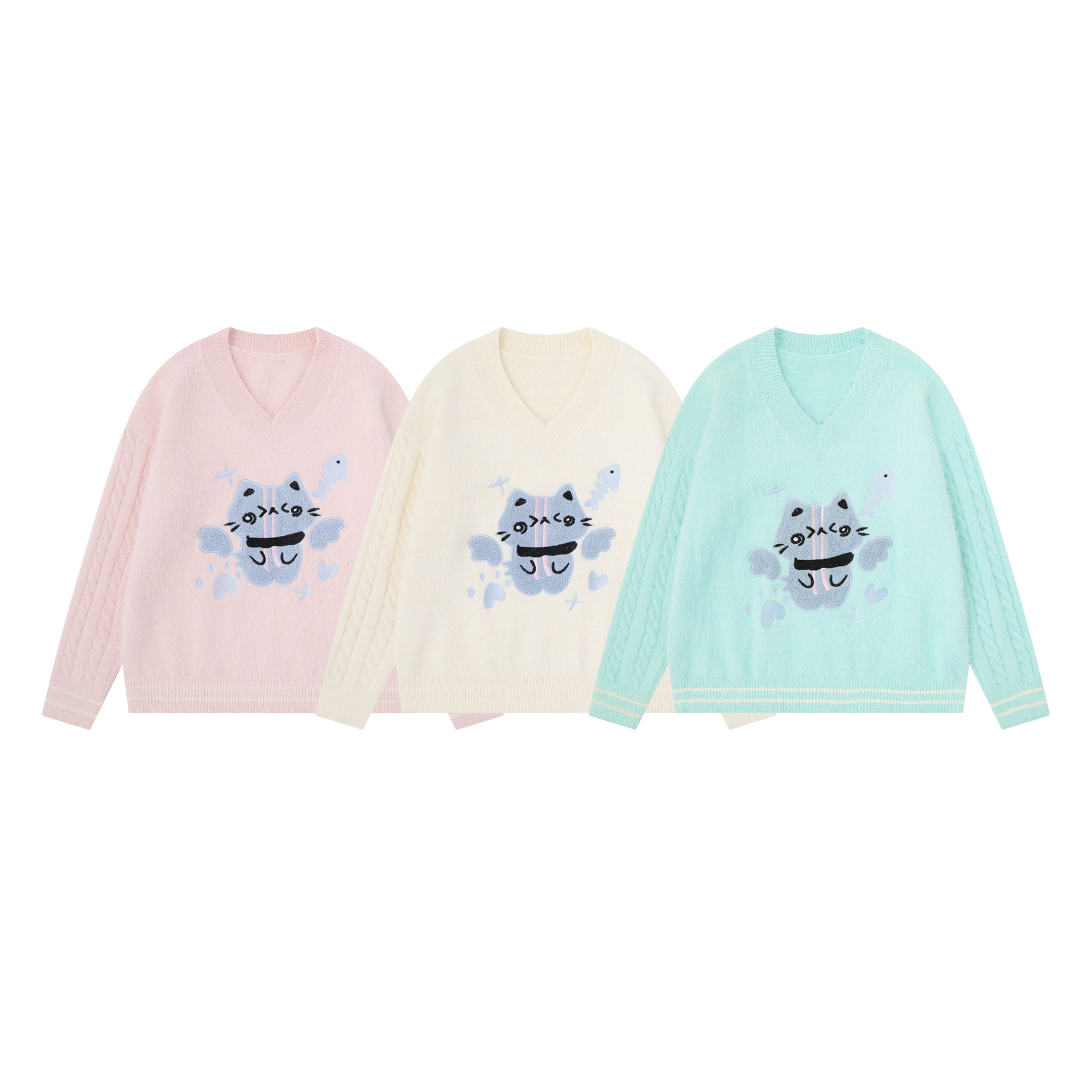 Loose Faux Mink Knit Cartoon Cat Patch Applique Long Sleeve V-Neck Women's Pullover Sweater — image 5