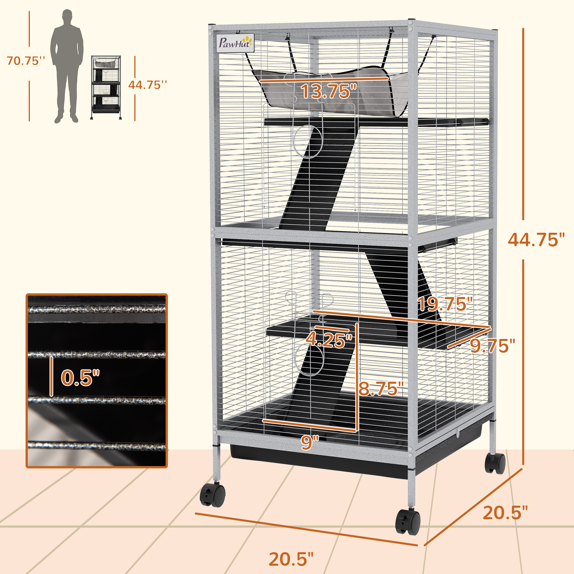 45" H Rolling Small Animal Cage With Hammock, Ferret Cage, Chinchilla Cage, Pet Habitat With 6 Doors, Removable Tray — imagen 3