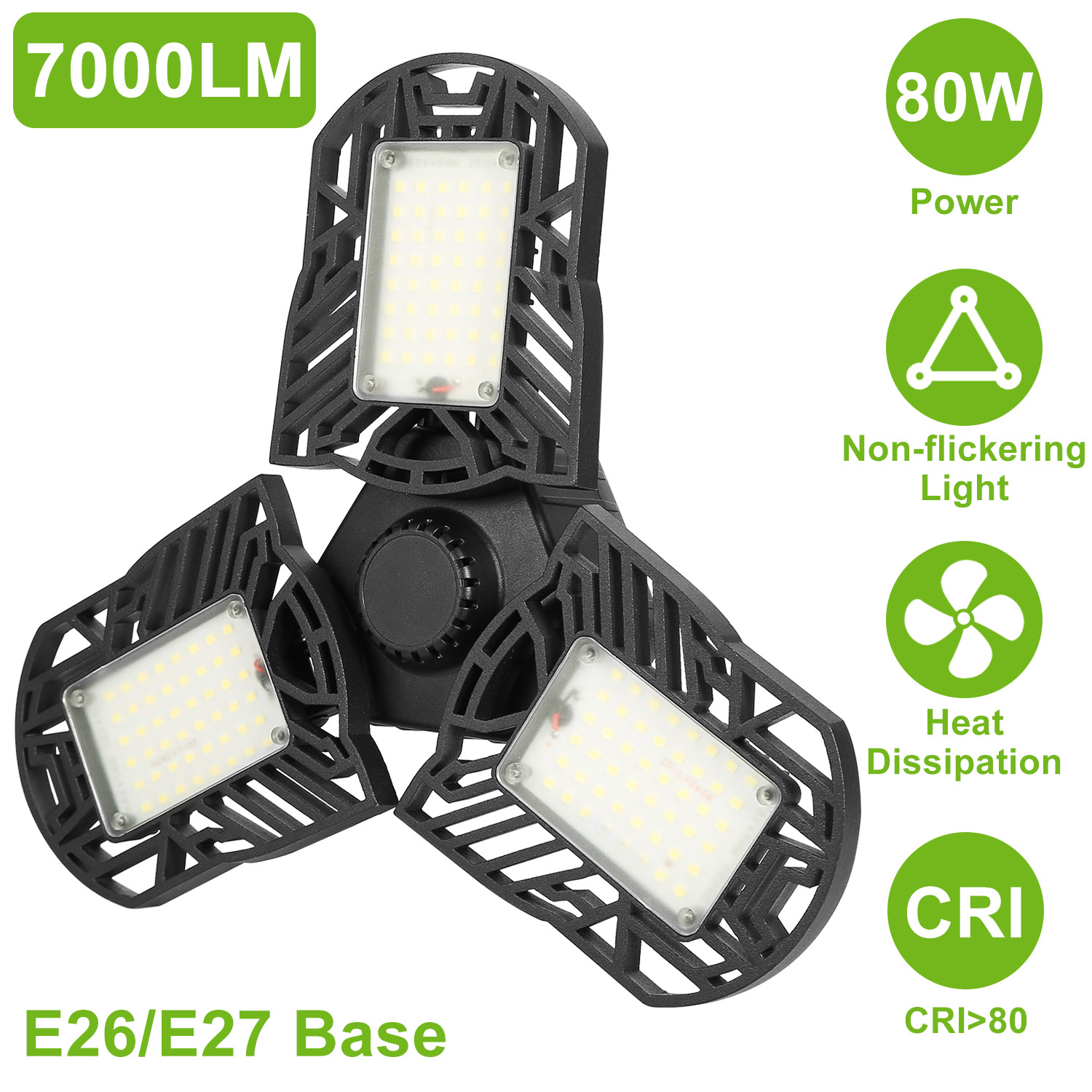LED Garage Light E26 E27 80W 7000LM 6500K Garage Ceiling Light Deformable Workshop Lamp Die Cast Aluminum LED Ceiling Light Bulbs With 3 Adjustable Panels For Barn Shop Warehouse Workshop C — image 1
