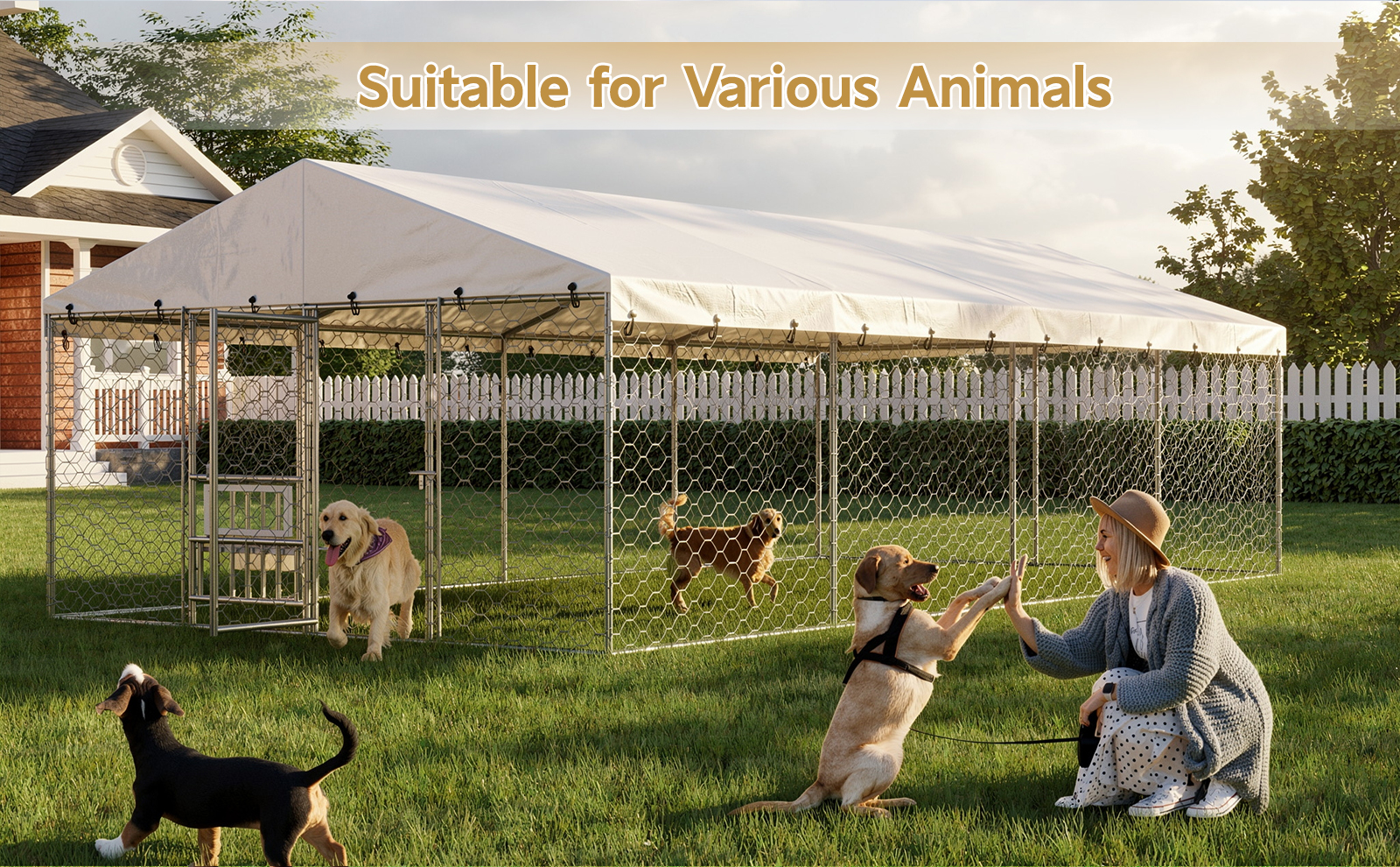Large Outdoor Dog Kennel with Canopy, Heavy Duty Galvanized Steel Frame, Waterproof Cover, Built-in Elevated Feeding Bowls, Escape-Proof Lockable Pet Playpen for Large Dogs & Multiple Animal — image 6