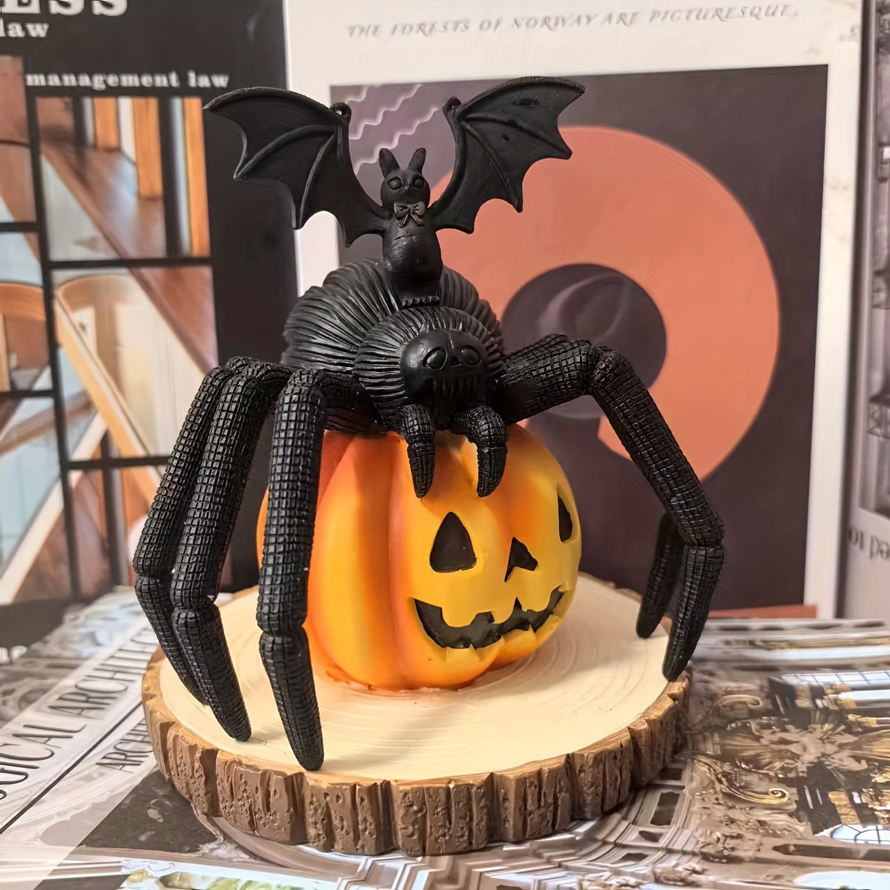 Araña de calabaza en estaca de madera decoración atmosférica de resina objetos decorativos Calabaza con Araña — imagen 3