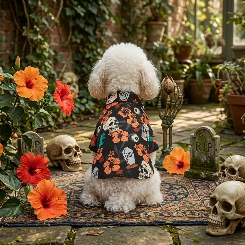 Halloween Dog Shirt Floral Pet Hawaiian Shirt with Bowtie Puppy Clothes Apparel Holiday Party Costume for Small Medium Dogs Cats — image 4