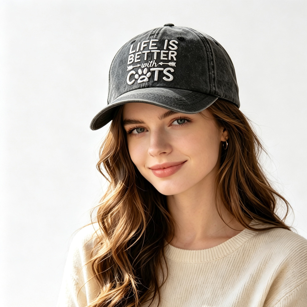 2 Piezas de Gorra de Béisbol Lavada y Desgastada, Gorra de Algodón Vintage con Bordado 'Life Is Better With Cats', Gorra Casual con Huella de Pata de Gato para Amantes de los Gatos — imagen 7