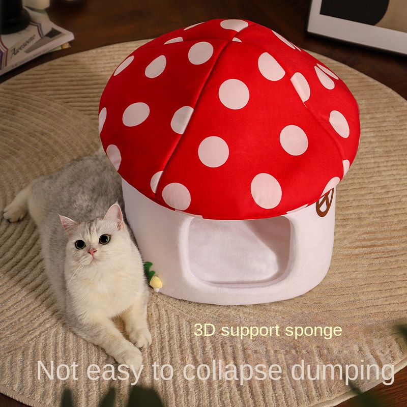 Red Umbrella Mushroom Cat House Dog Bed Winter Warm Closed-Style Cat House Pet Nest All-Season Universal for Cats and Dogs — image 5