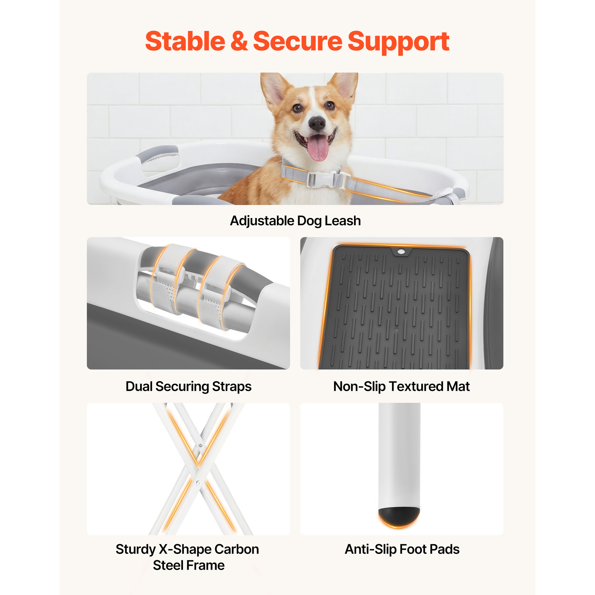 Baño para Perros Elevado, Estación de Enjuague y Aseo 2 en 1 Portátil, Ducha para Mascotas Colgante con Desagüe Integrado y Manguera de Drainingo para Pequeños Animales Domésticos, Gris y Blanco — imagen 5