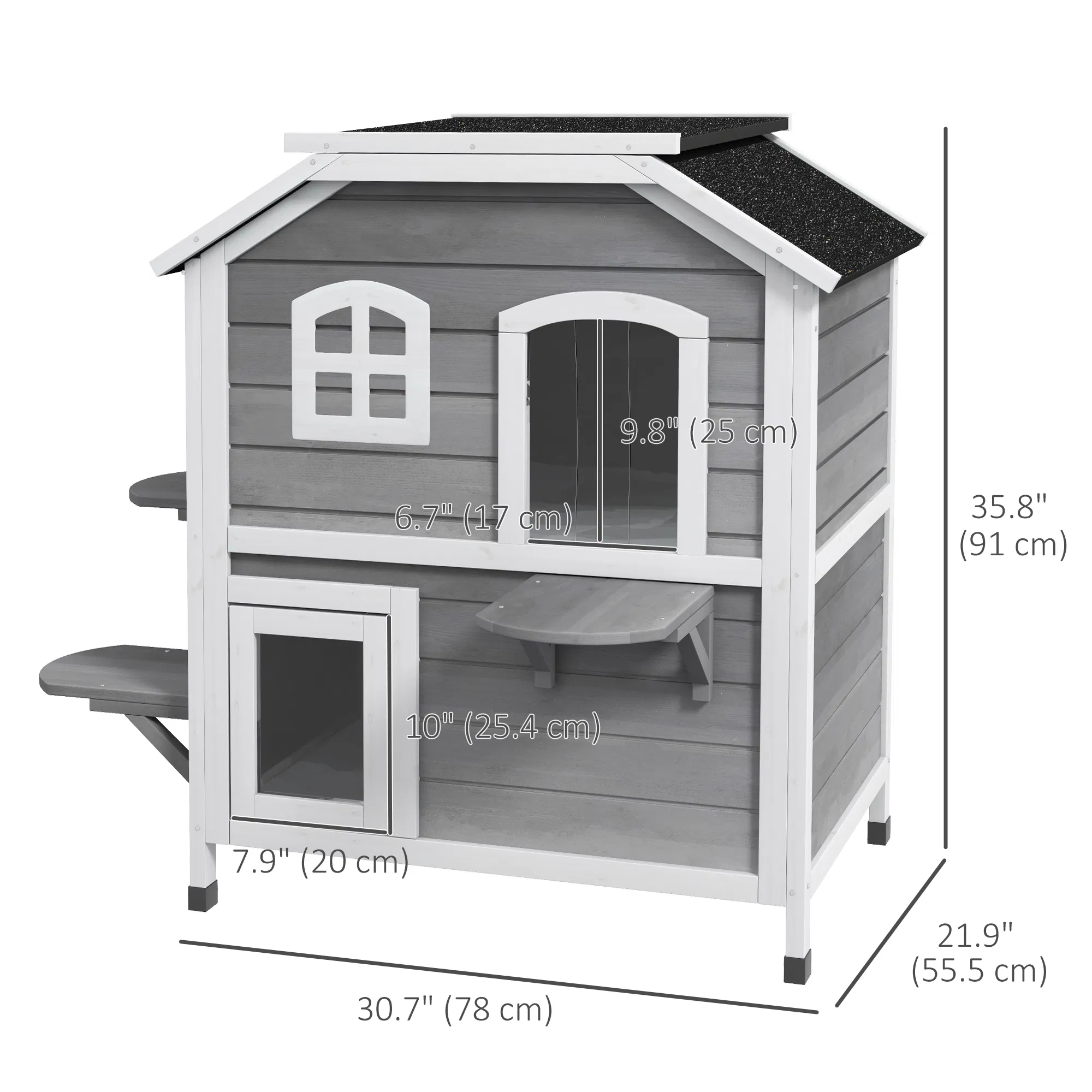 2-Storey Outdoor Cat House, Wooden Catio with Openable Roof, Lounge Space, Fun Entrances, for Feral Cats, Grey — image 3