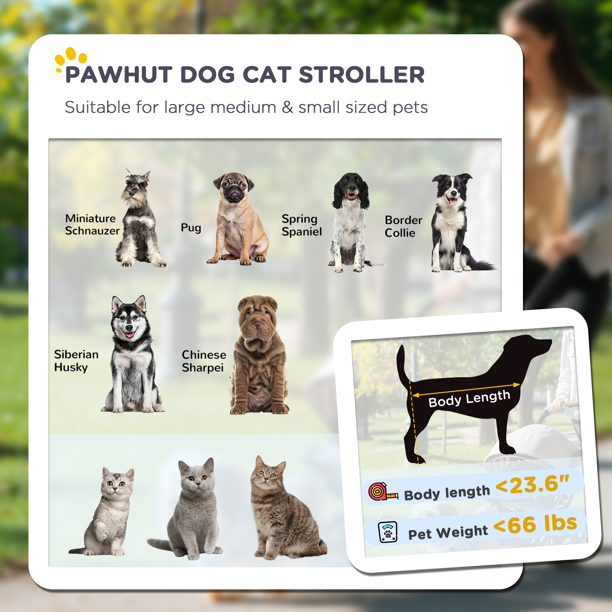 Dog Stroller For Large Medium Small Dogs Up To 66 Lbs. 23.5" In Body Length, One-Click Foldable Pet Cat Stroller With Storage, Shock Absorption Wheels, Mesh Window, Safety Leash, Gray — image 3
