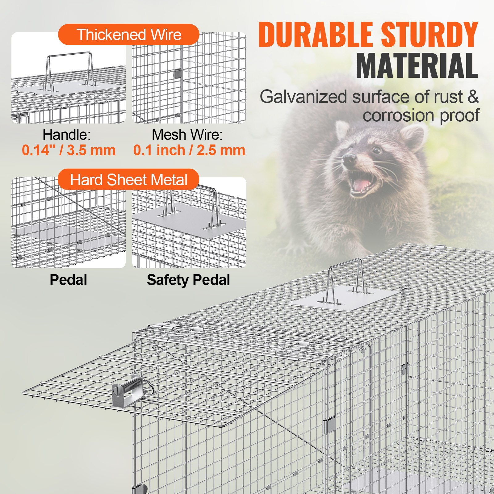 Cazuela para Animales Vivos, 42" × 16" × 18", Cazador de Gatos Humano con Hierro Galvanizado, Plegable con Manija para Perros Sueltos, Armadillos, Mapaches, Marmotas, Zorros — imagen 4