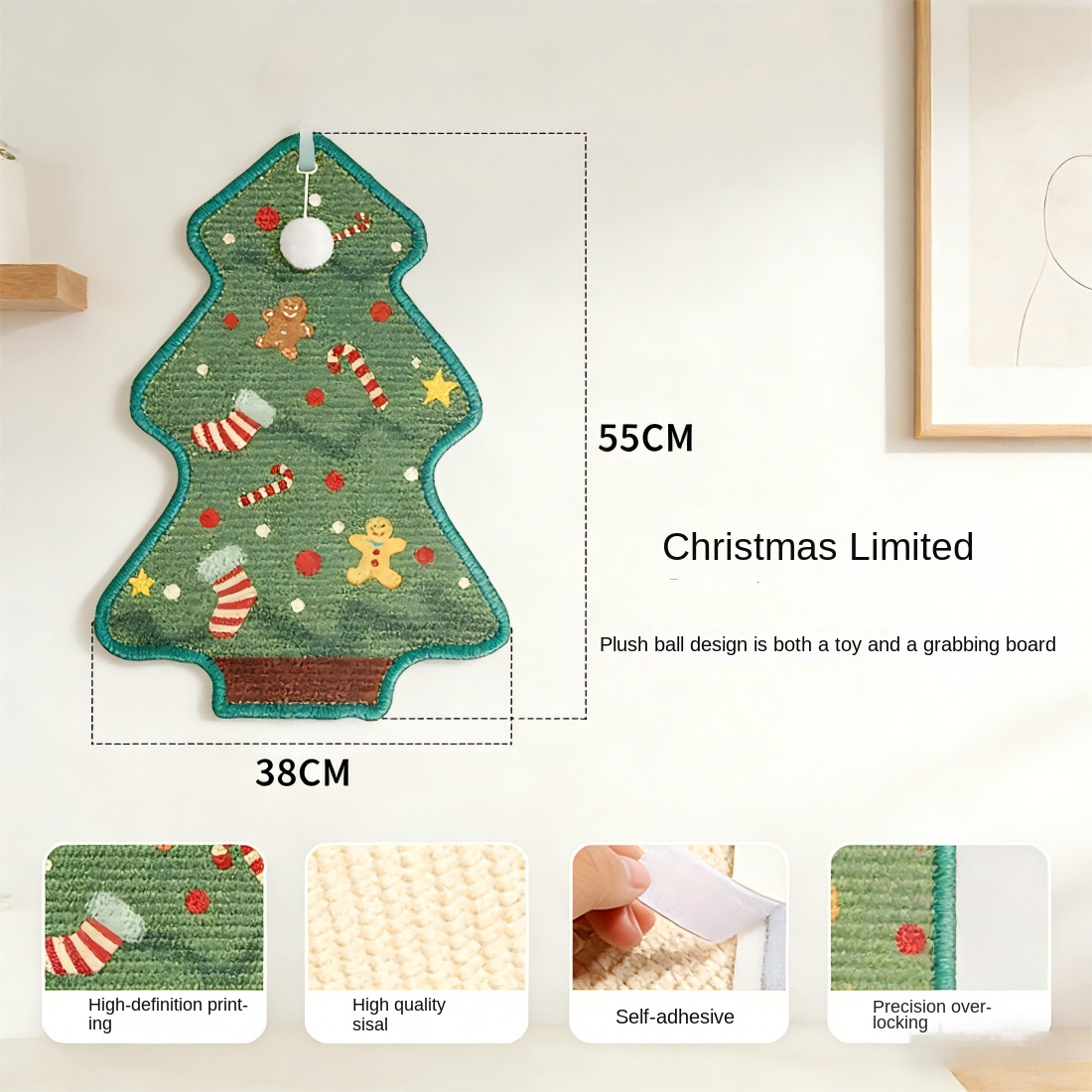 Gato de Navidad y Halloween con Árbol de Pascua Cartoñizo Tablero de Rasguño Duradero Fijo para Pared Sisal Rasgador para Gatos — imagen 3