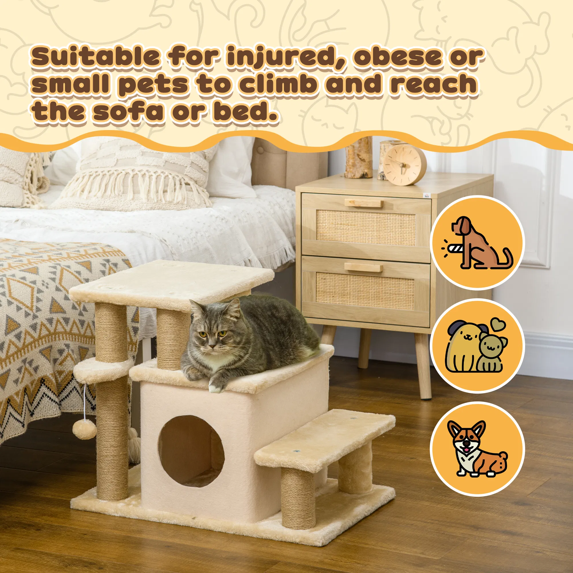 Cat Stairs Pet Steps for Couch Bed with Scratching Posts Condo Ball Toy, 23.6" x 15.7" x 26", Beige — image 4