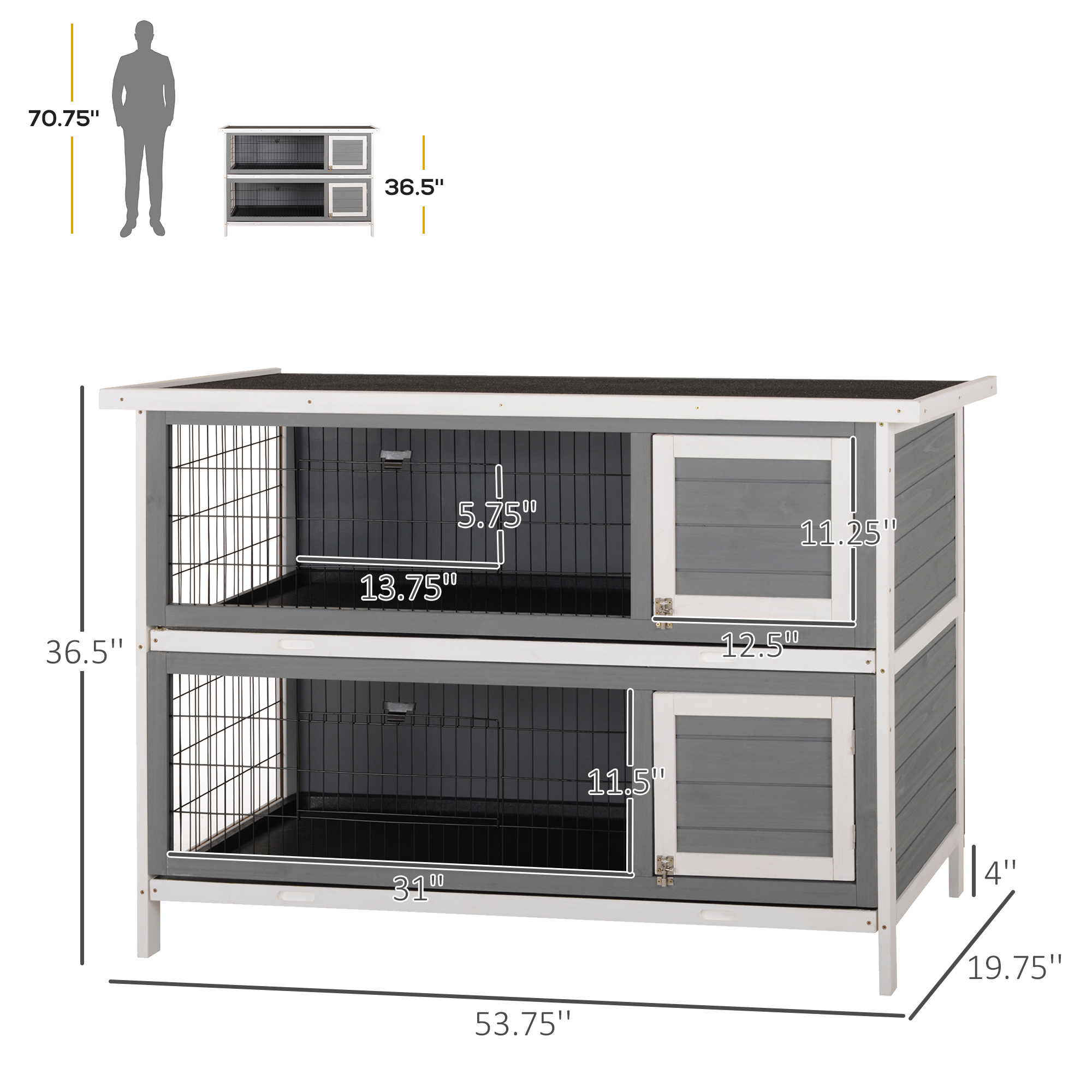 54" 2-Story Large Rabbit Hutch Bunny Cage Wooden Pet House Small Animal Habitat with Lockable Doors, No Leak Tray and waterproof Roof for Rabbits, Chickens, Ducks, Outdoor/Indoor Dark Gray — imagen 4