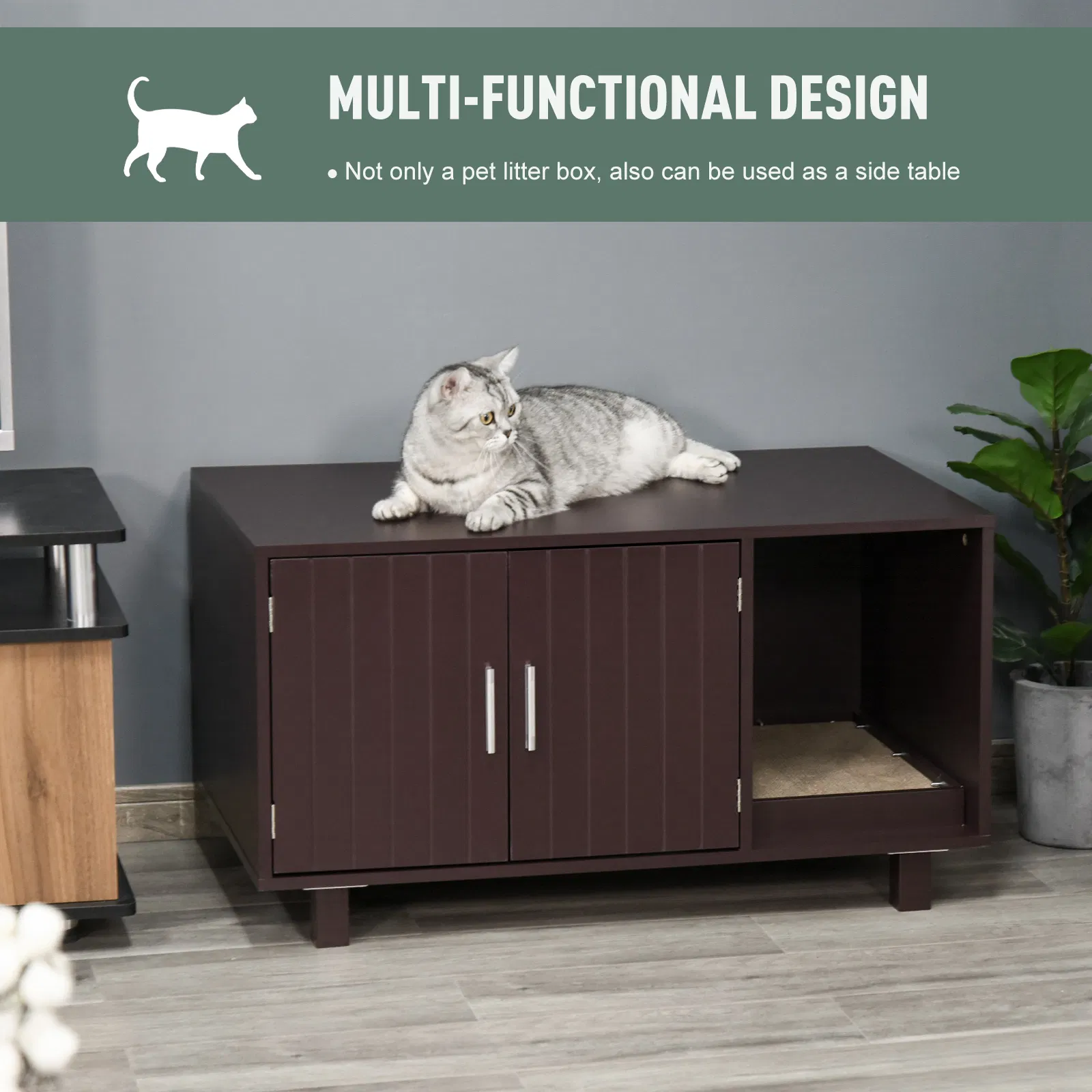 Cat Litter Box Enclosure, Hidden Litter Box Furniture, Cat House End Table Washroom with Scratching Pad, for Indoor Cats Kittens, Brown — image 4