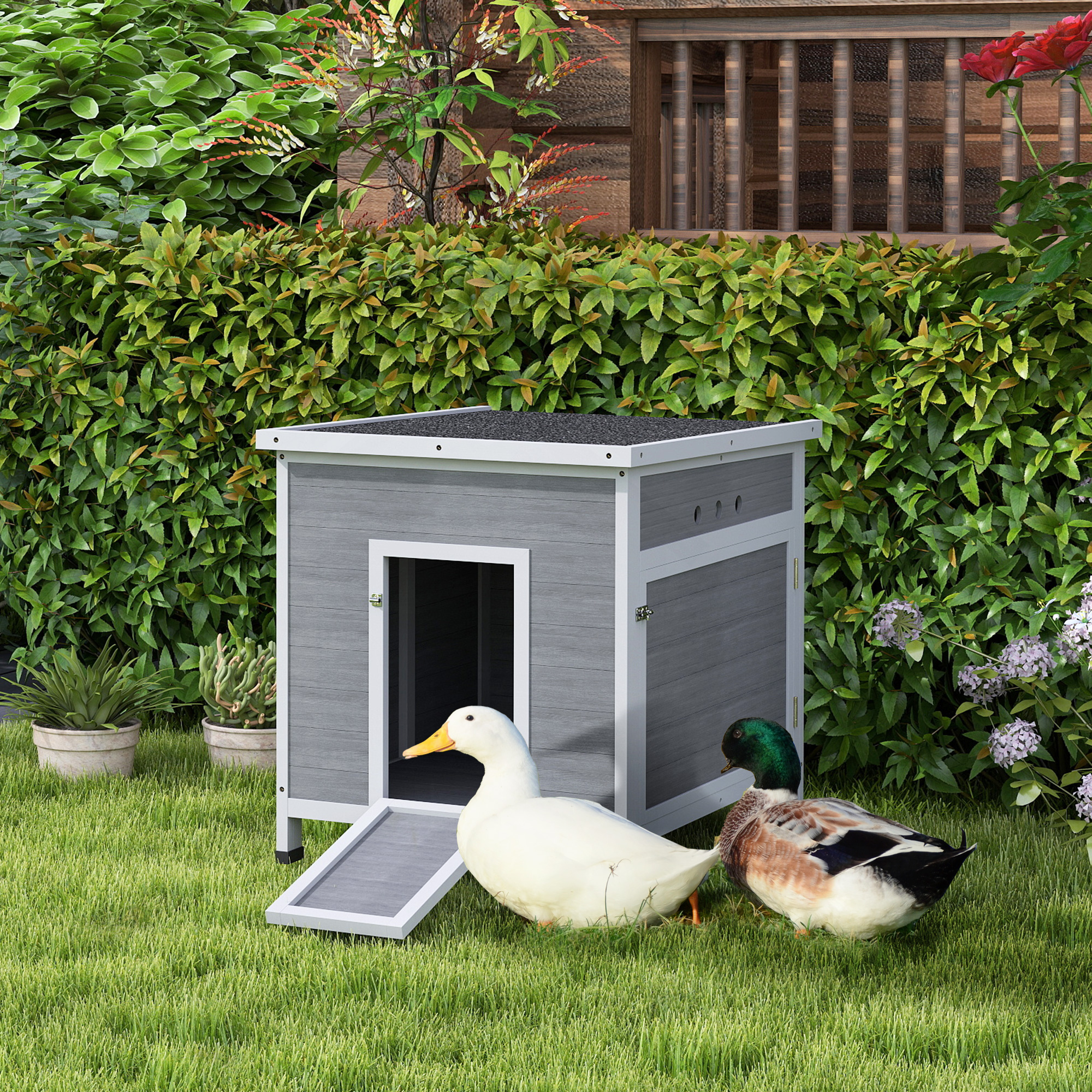 Wooden Duck Coop With Openable Roof, Removable Floor, Double Doors, Ramp, For 2-4 Ducks, Chickens, 25" X 32" X 30" — imagen 1
