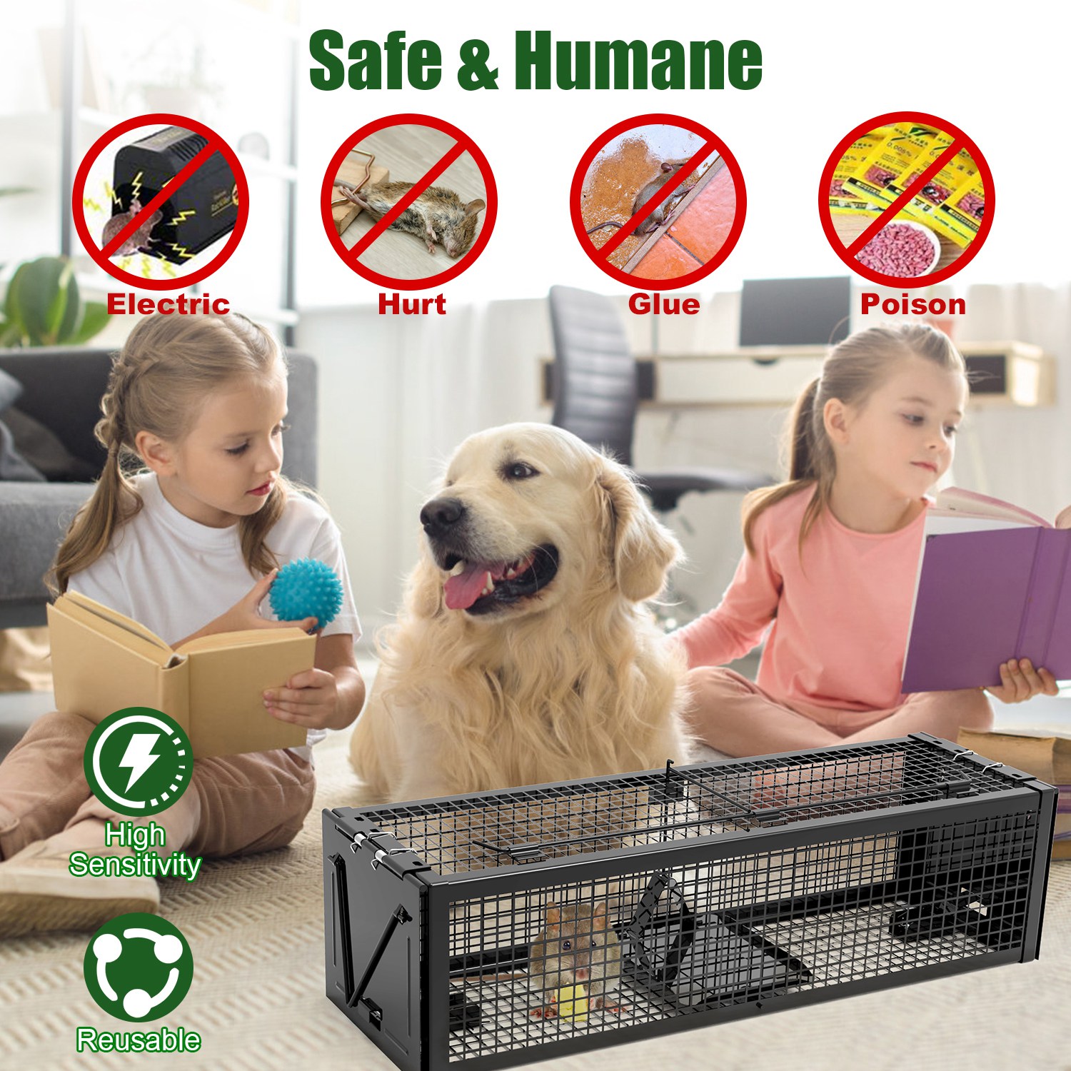 Paquete de 2 Trampas Humanitarias para Ratas Vivas de 2 Puertas 15.35x4.72x3.94in, Jaula Trampa para Roedores de Hierro Galvanizado, Reutilizable, para Hogar, Jardín, Granja, Almacén — imagen 3