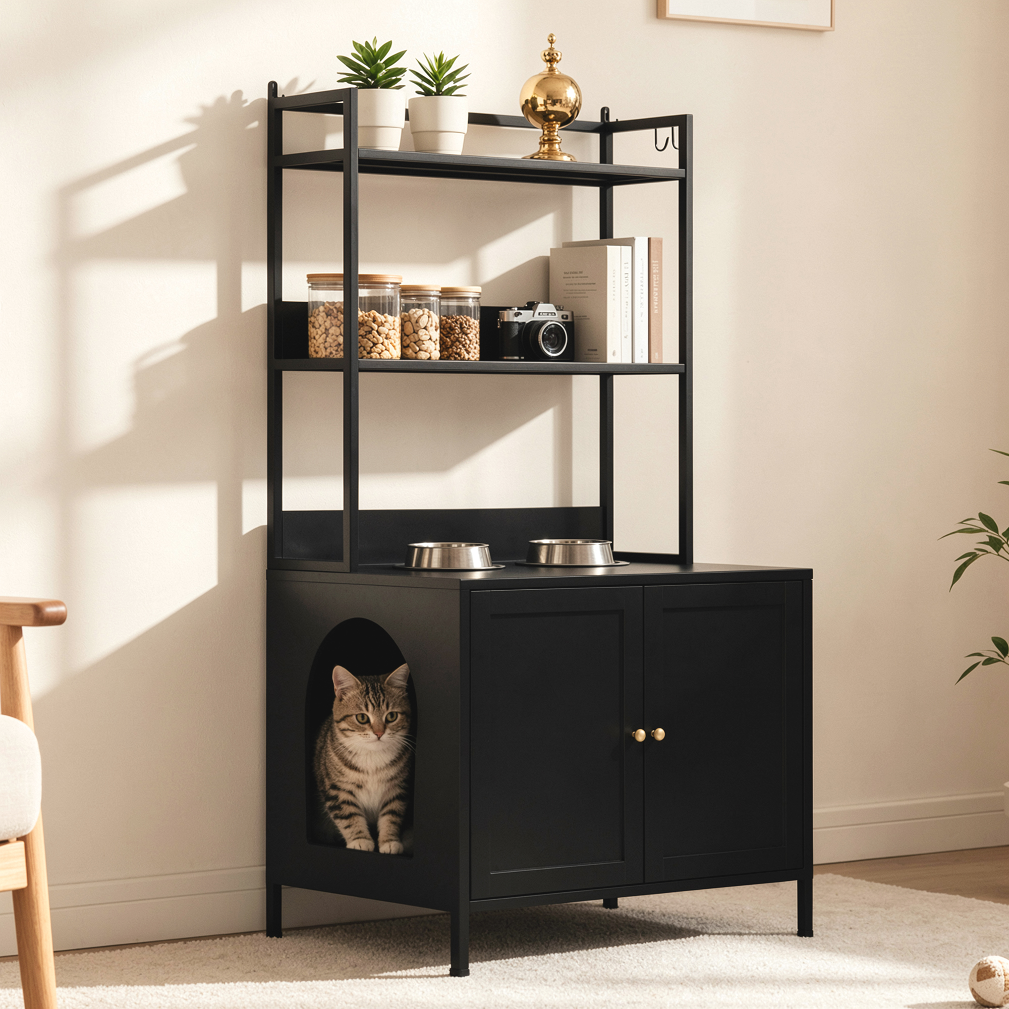Caja de Limpieza para Gatos en Metal, Encierro Oculto de 57" con 3 Niveles de Almacenamiento y 4 Broches S, Casa Grande para Gatos Internos con Puertas y Control de Olor, Negro — imagen 1