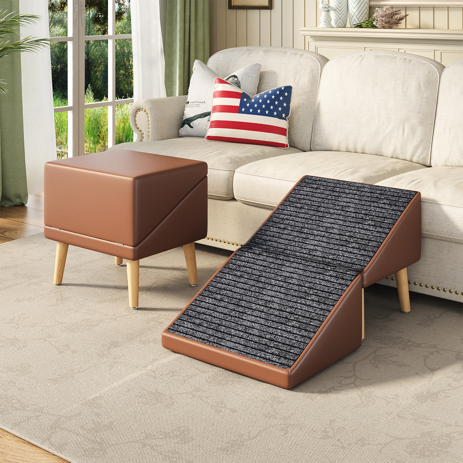 3-in-1 Dog Ramp 18.89"×17.91"×20.08" with Storage – Pet Stairs for Senior & Injured Dogs & Cats, Hidden Storage Footstool, Ottoman Anti-Slip, Supports 265 lbs for Beds & Sofas (BROWN Color) — image 9